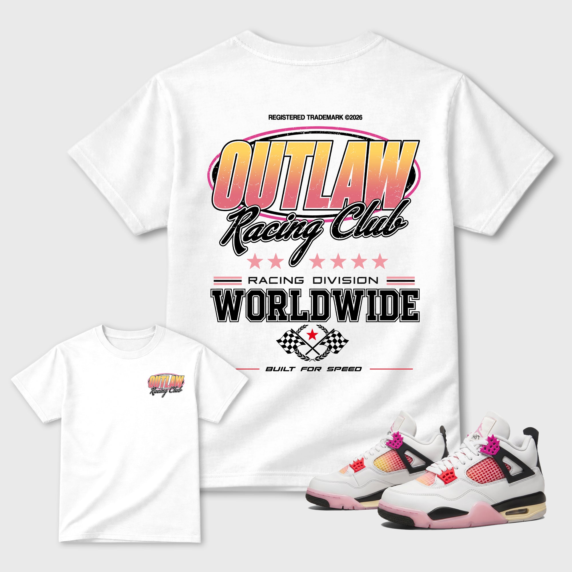 Outlaw Racing Club Graphic T-Shirt featuring original streetwear artwork designed to match the Air Jordan 4 Comic. White Graphic T-Shirt.