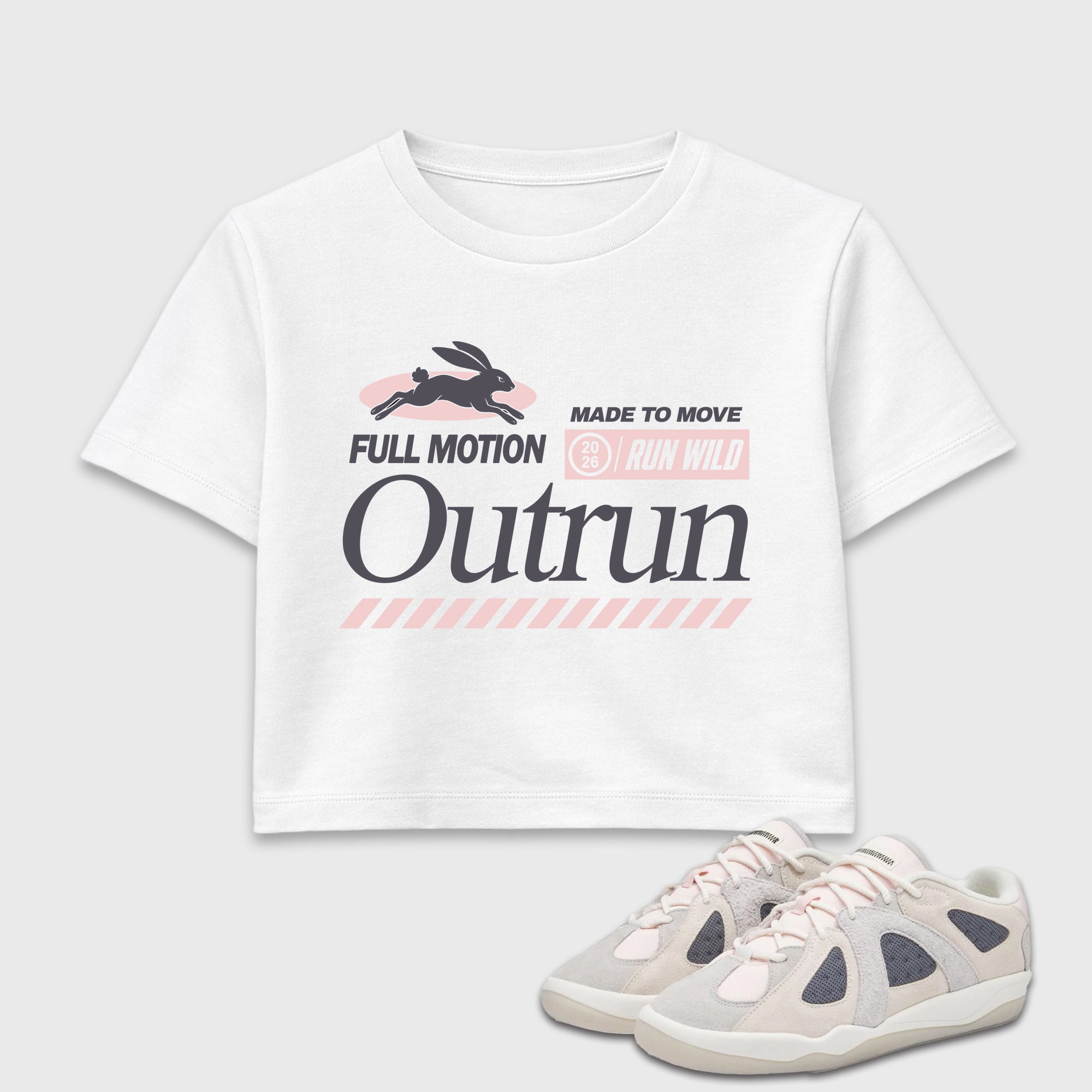 Outrun women’s crop tee designed to match the Badbo 1.0 Chalk White Pink, featuring coordinated White 1 options for a perfect streetwear vibe.