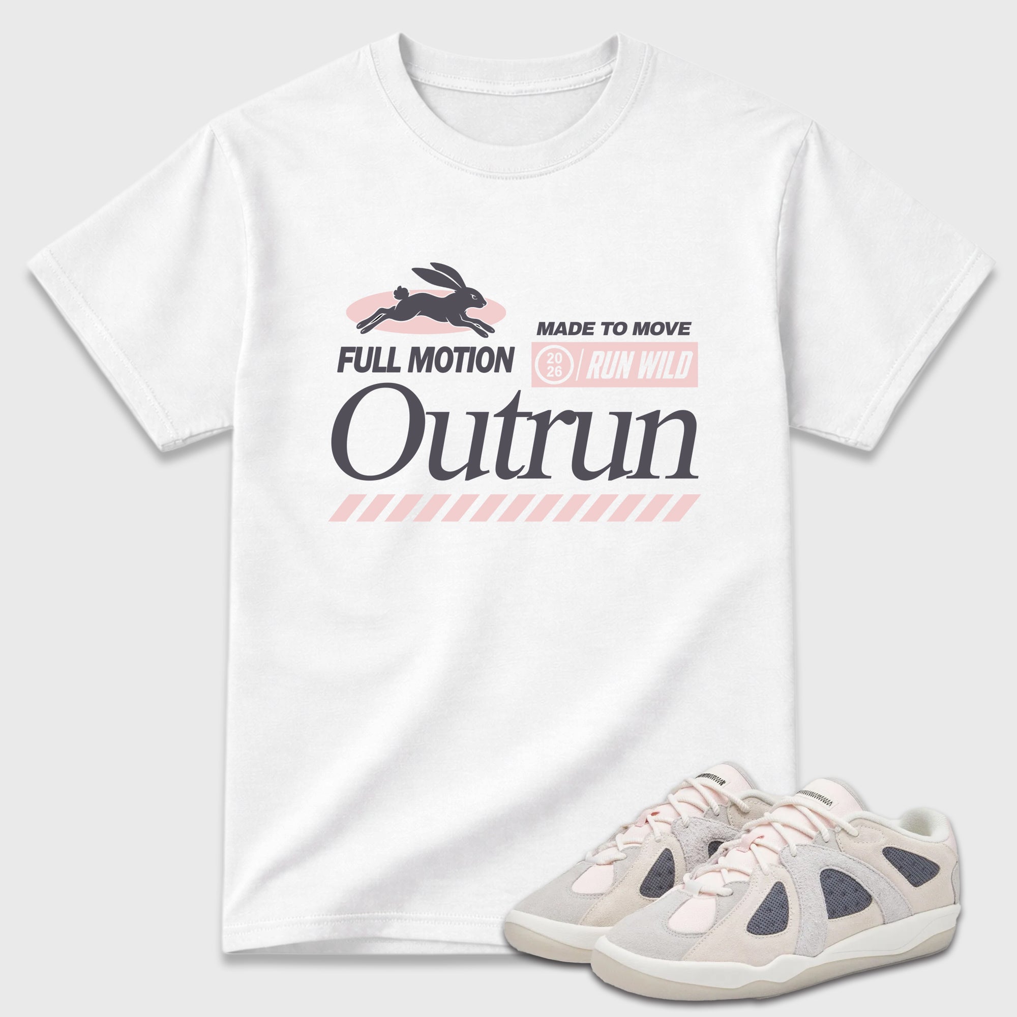 Outrun Graphic T-Shirt featuring original streetwear artwork designed to match the Badbo 1.0 Chalk White Pink. White 1 Graphic T-Shirt.