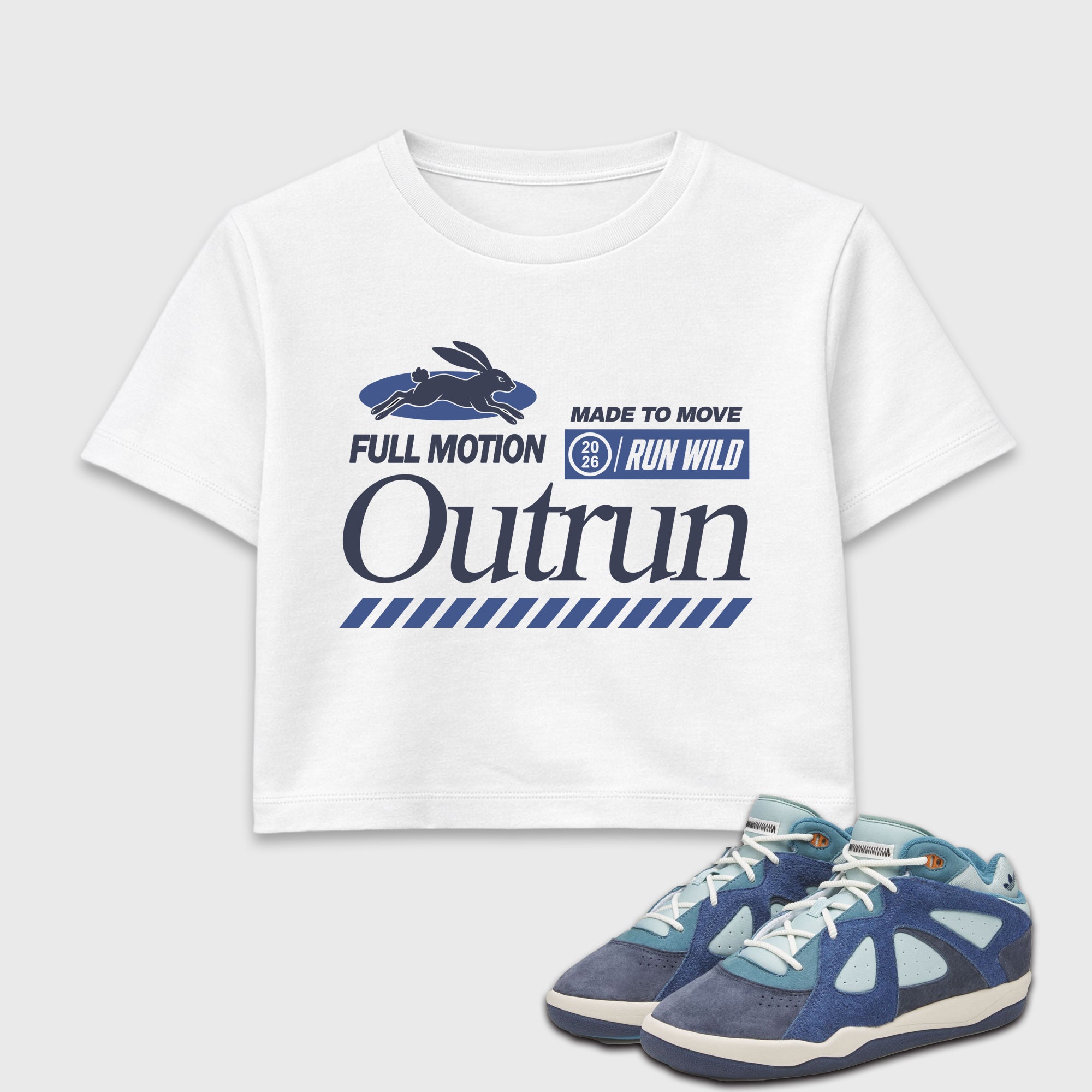 Outrun women’s crop tee designed to match the Badbo 1.0 Night Navy, featuring coordinated White 1 options for a perfect streetwear vibe.
