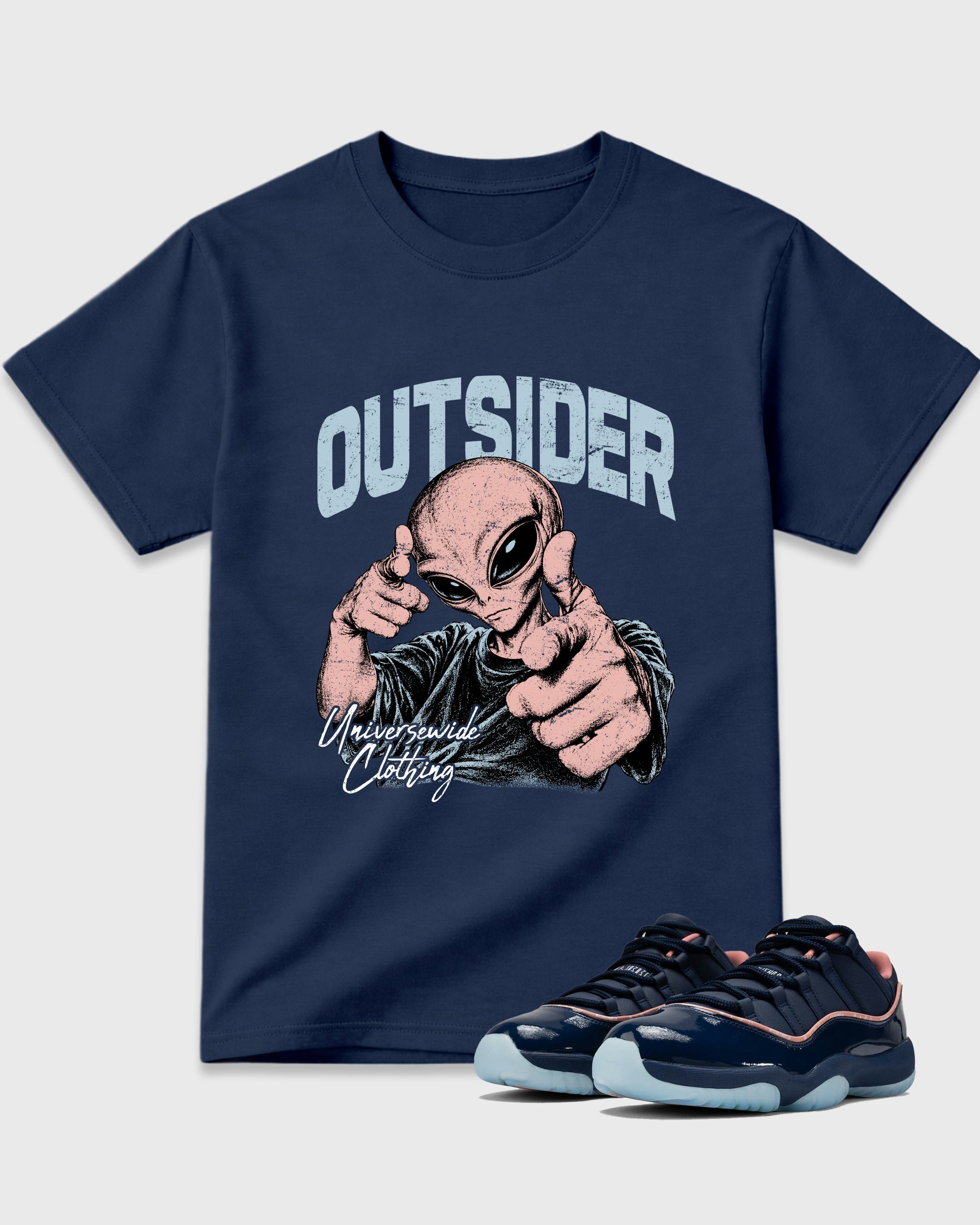 Outsider Graphic T-Shirt featuring original streetwear artwork designed to match the Air Jordan 11 Made For Locals. Navy 1 Graphic T-Shirt.