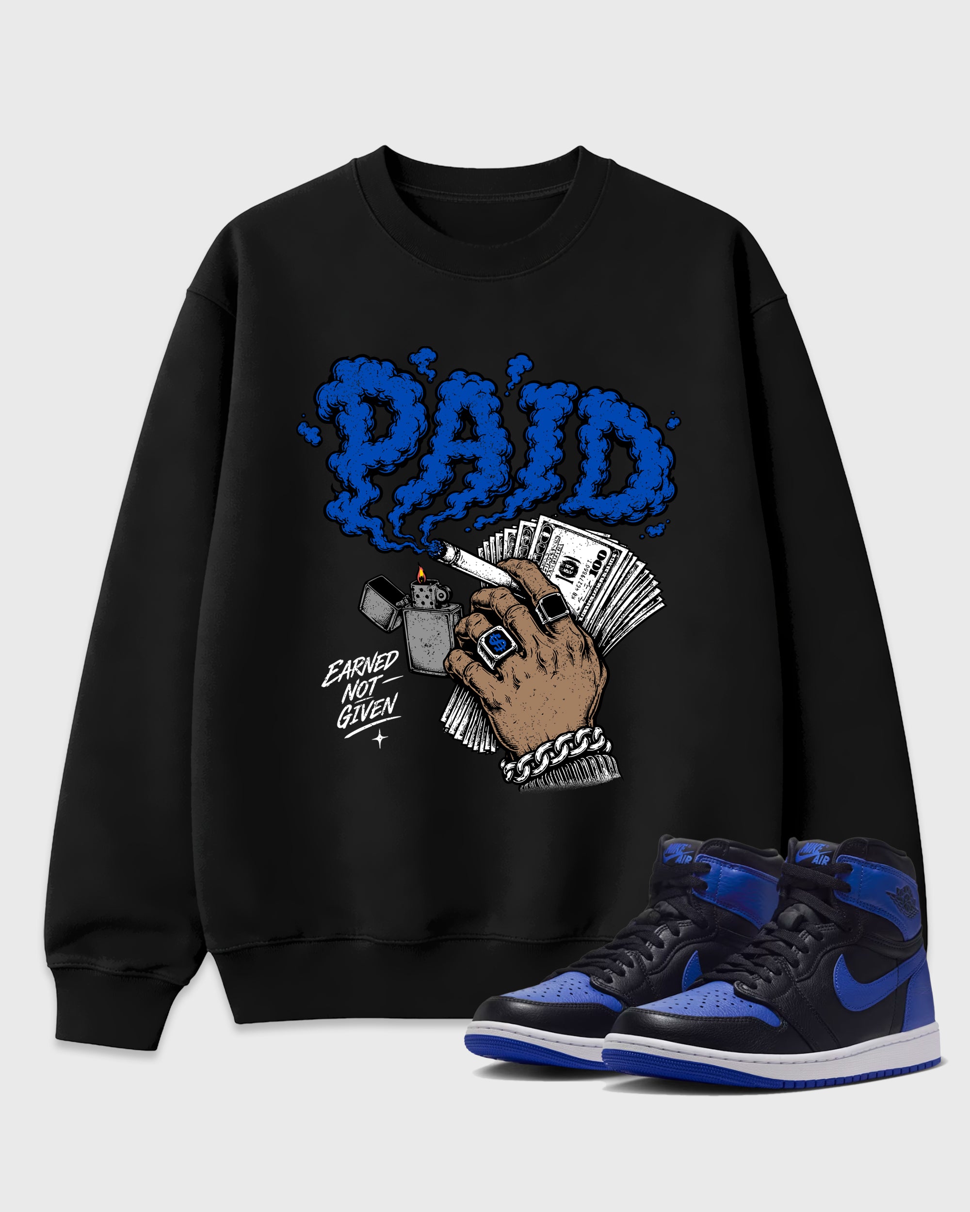 Paid Graphic T-Shirt featuring original streetwear artwork designed to match the Air Jordan 1 High OG 'Royal'. Black 1 Graphic Tee.