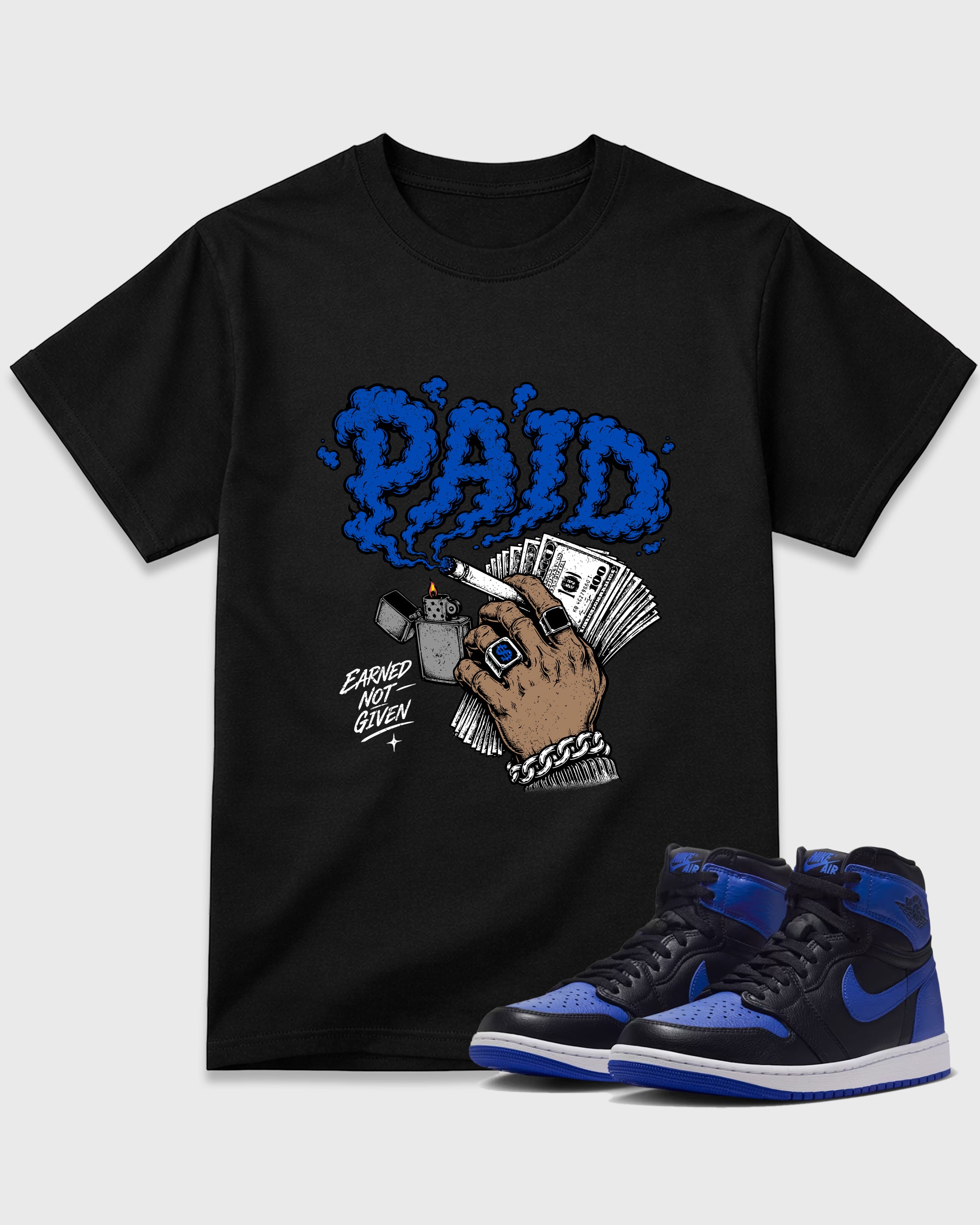 Paid Graphic T-Shirt featuring original streetwear artwork designed to match the Air Jordan 1 High OG 'Royal'. Black 1 Graphic T-Shirt.