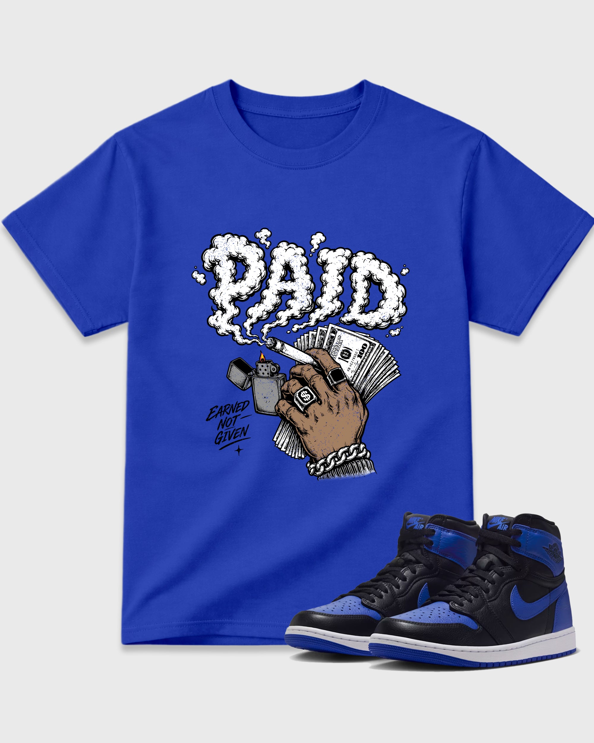 Paid Graphic T-Shirt featuring original streetwear artwork designed to match the Air Jordan 1 High OG 'Royal'. Royal Blue 1 Graphic T-Shirt.