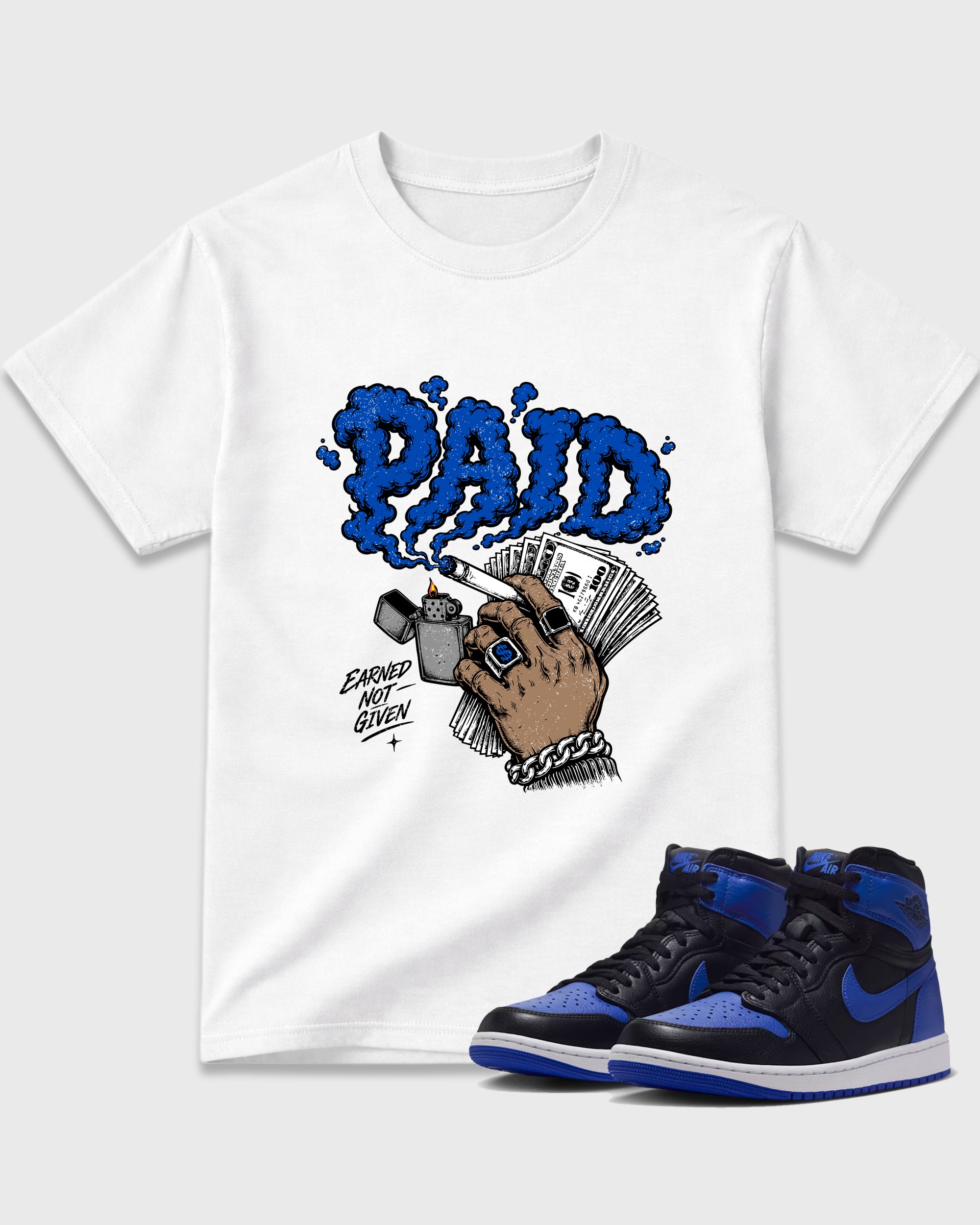 Paid Graphic T-Shirt featuring original streetwear artwork designed to match the Air Jordan 1 High OG 'Royal'. White 1 Graphic T-Shirt.