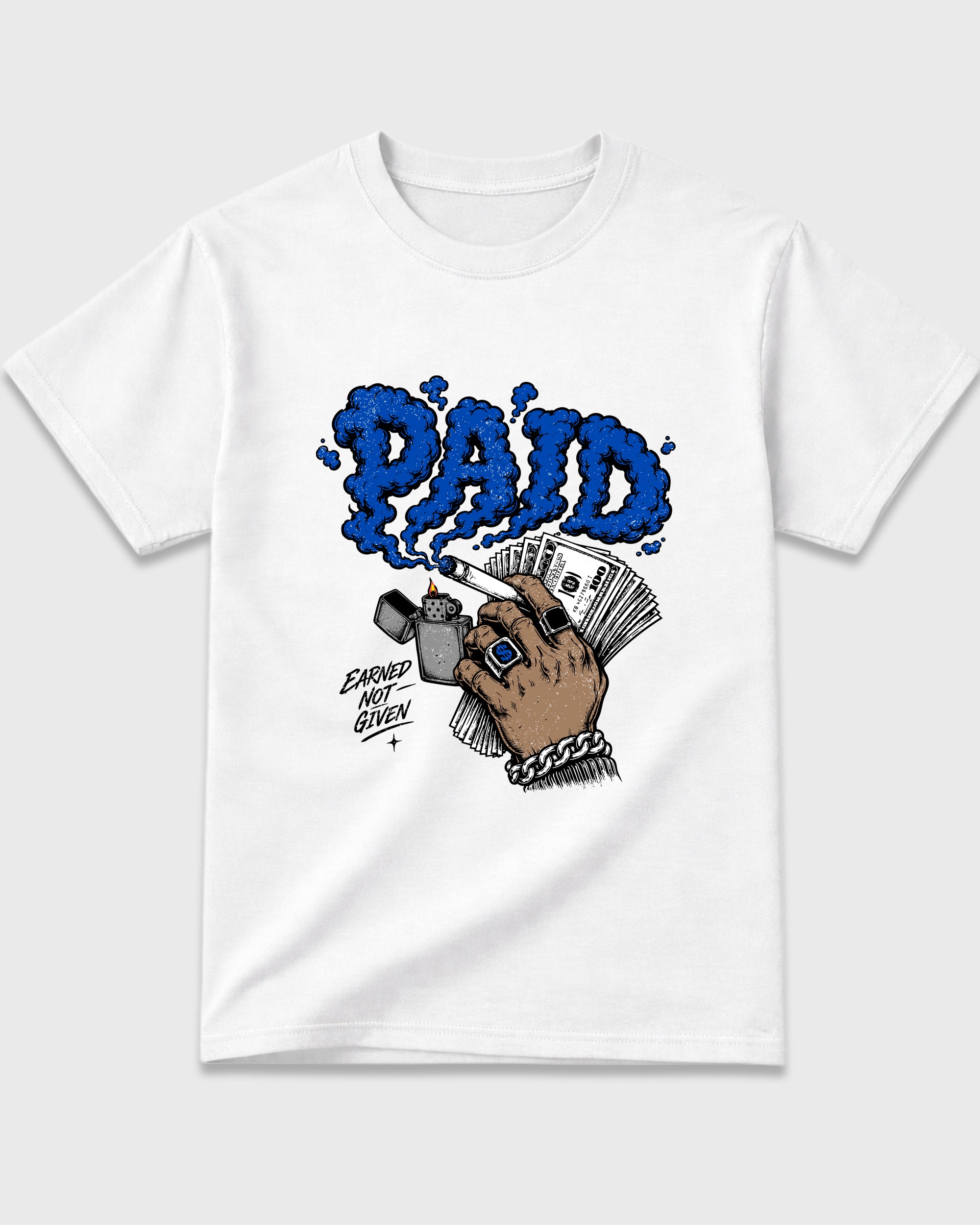Paid Graphic T-Shirt featuring original streetwear artwork designed to match the Air Jordan 1 High OG 'Royal'. White 2 Graphic T-Shirt.