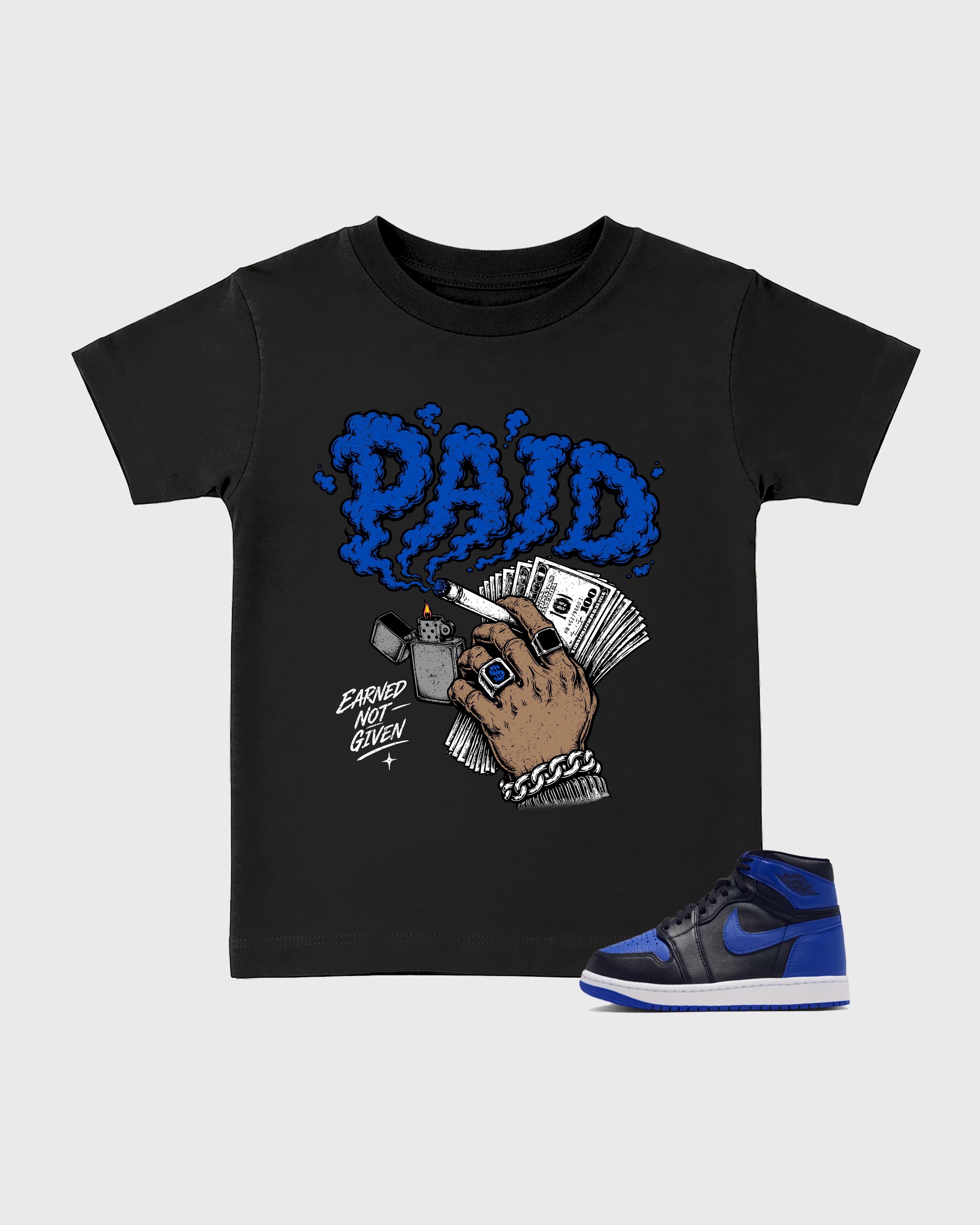 Paid Baby & Kids Graphic T-Shirt featuring original artwork designed to match the Air Jordan 1 High OG 'Royal'. Black 1 Kids Graphic Tee.