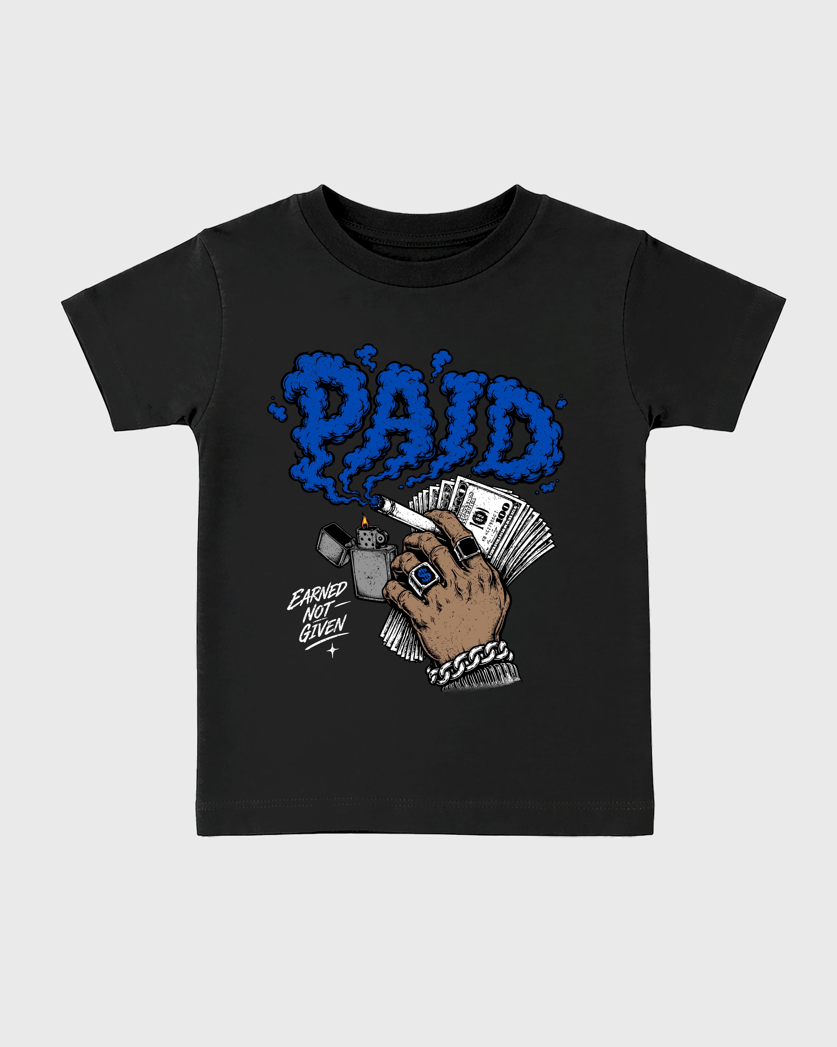 Paid Baby & Kids Graphic T-Shirt featuring original artwork designed to match the Air Jordan 1 High OG 'Royal'. Black 2 Kids Graphic Tee.