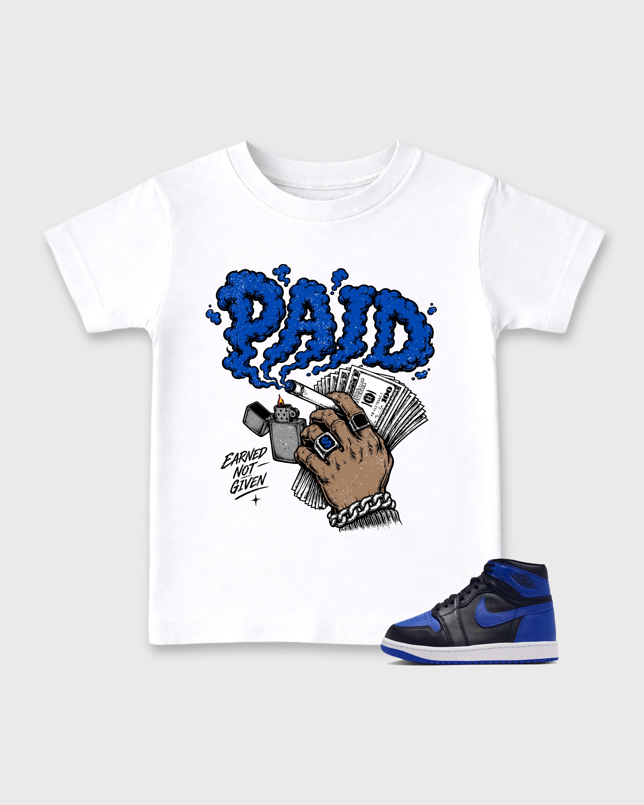 Paid Baby & Kids Graphic T-Shirt featuring original artwork designed to match the Air Jordan 1 High OG 'Royal'. White 1 Kids Graphic Tee.