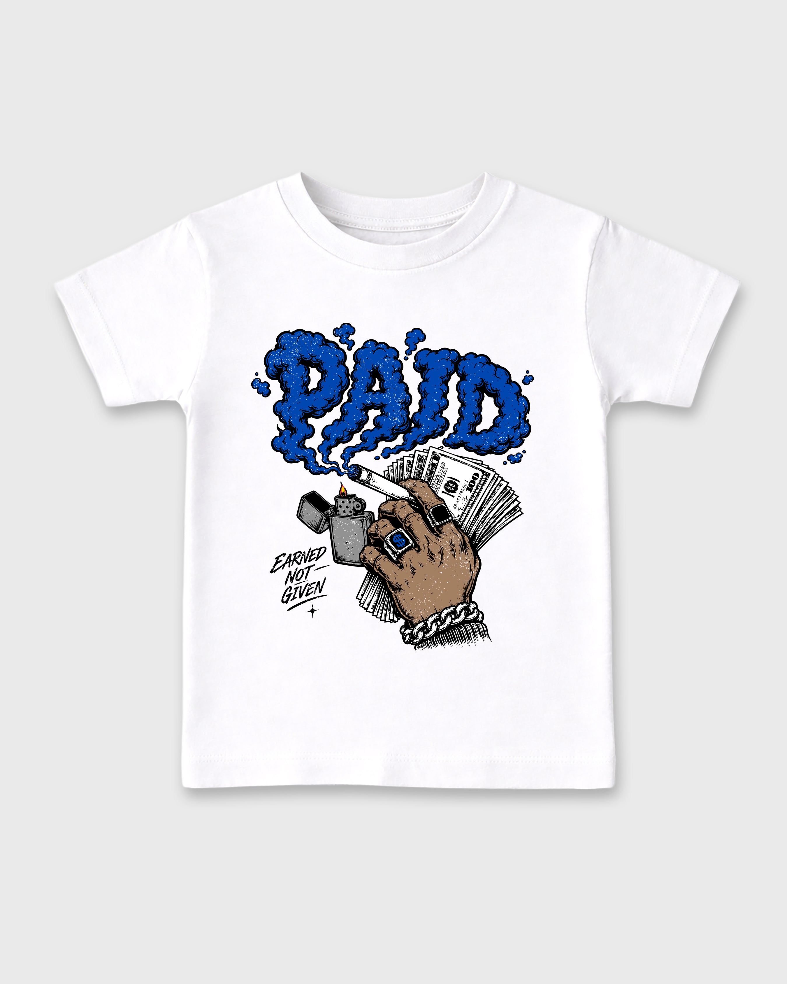 Paid Baby & Kids Graphic T-Shirt featuring original artwork designed to match the Air Jordan 1 High OG 'Royal'. White 2 Kids Graphic Tee.