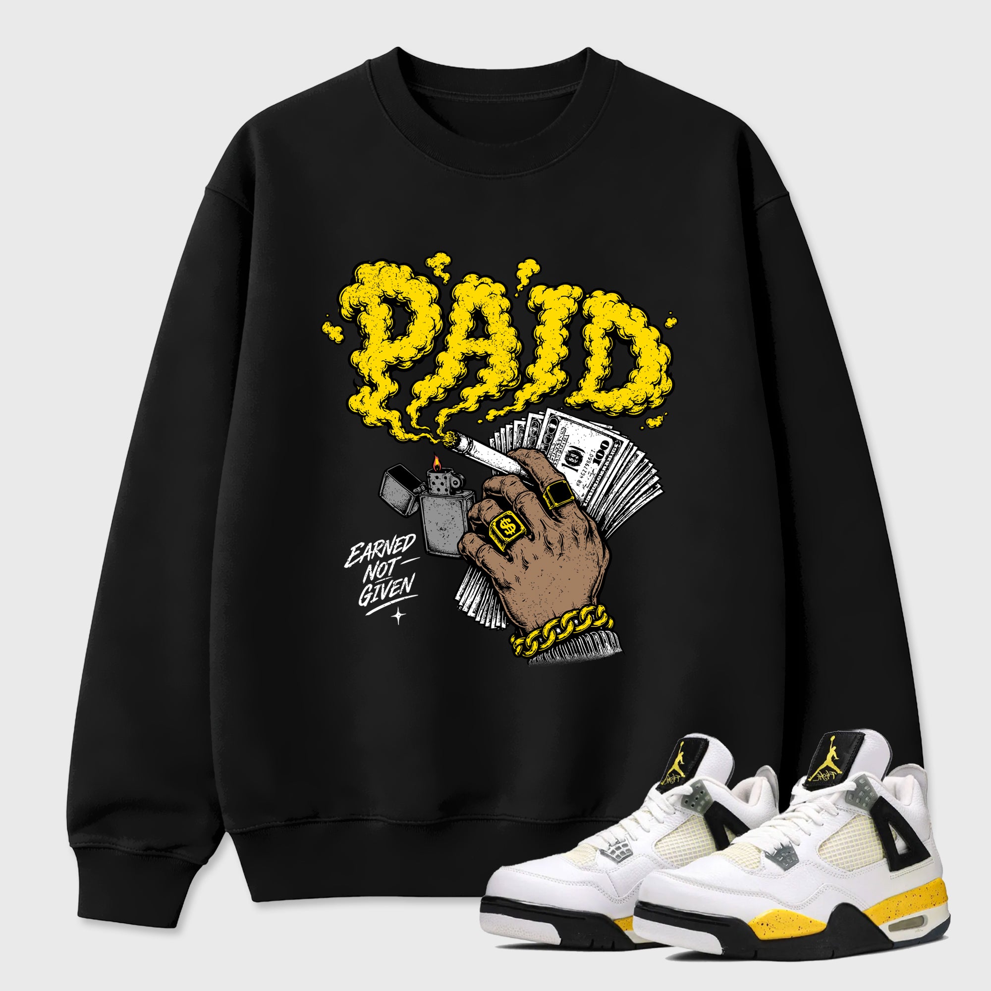 Paid Graphic T-Shirt featuring original streetwear artwork designed to match the Air Jordan 4 Tour Yellow. Black 1 Graphic Tee.