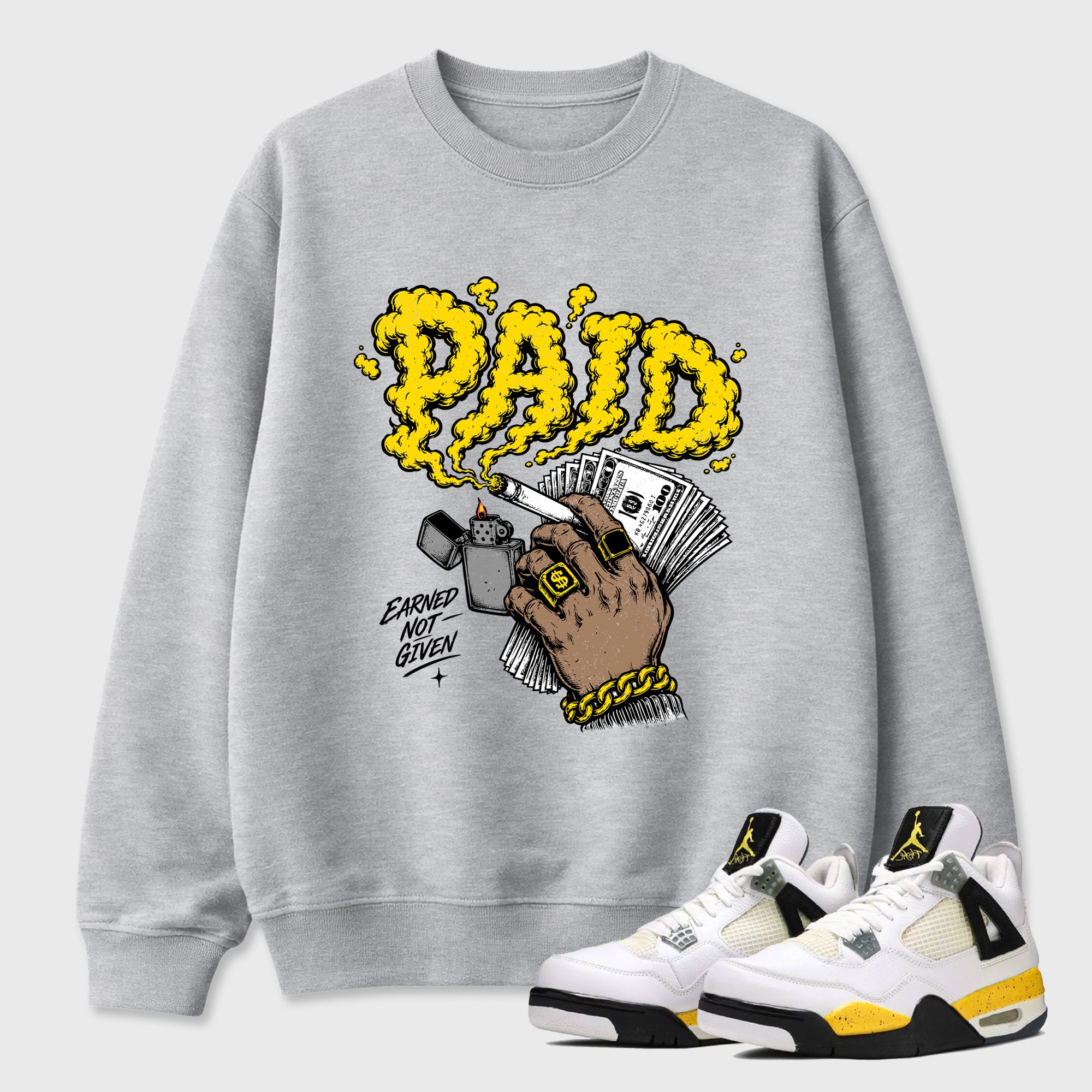 Paid Graphic T-Shirt featuring original streetwear artwork designed to match the Air Jordan 4 Tour Yellow. Heather Grey 1 Graphic Tee.