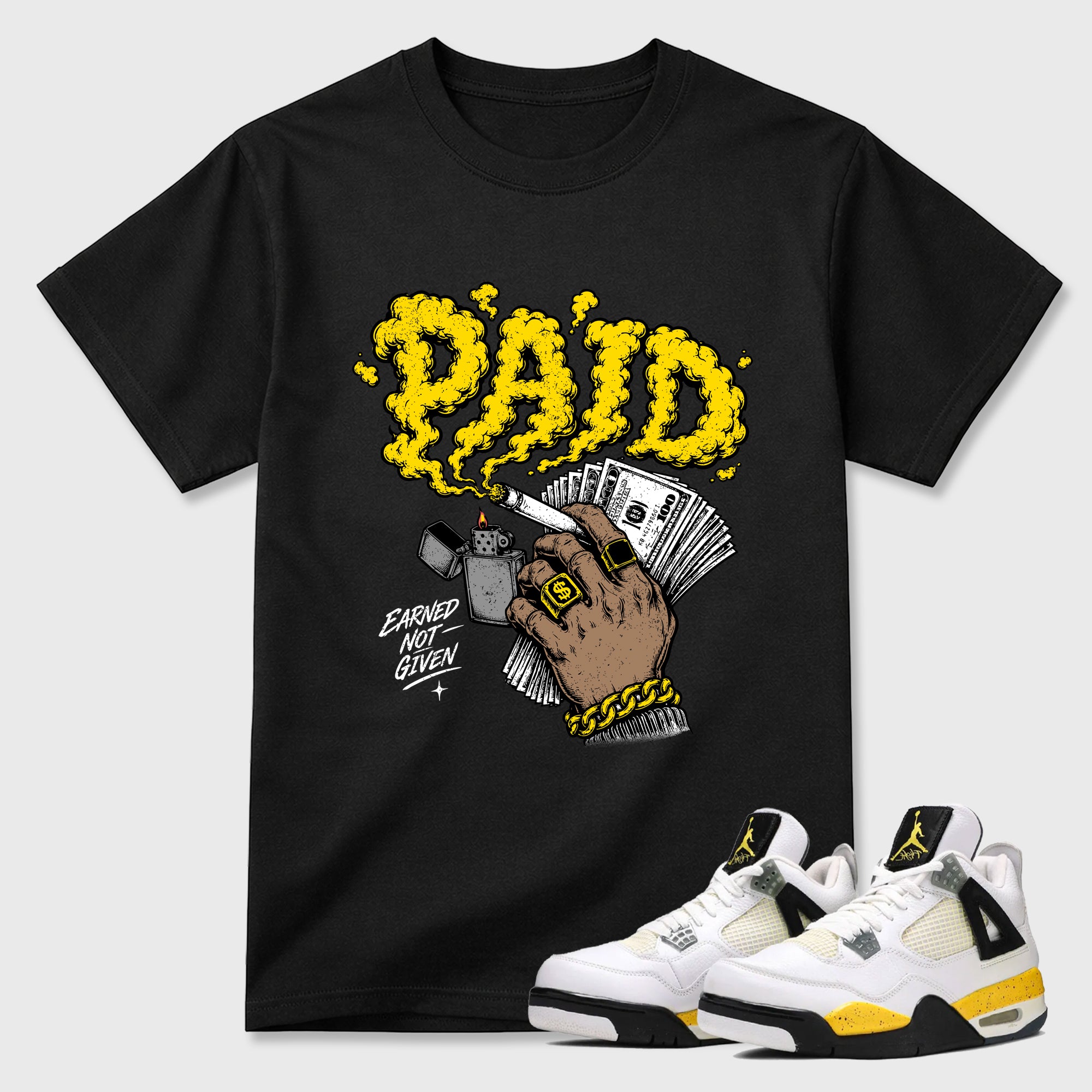 Paid Graphic T-Shirt featuring original streetwear artwork designed to match the Air Jordan 4 Tour Yellow. Black 1 Graphic T-Shirt.