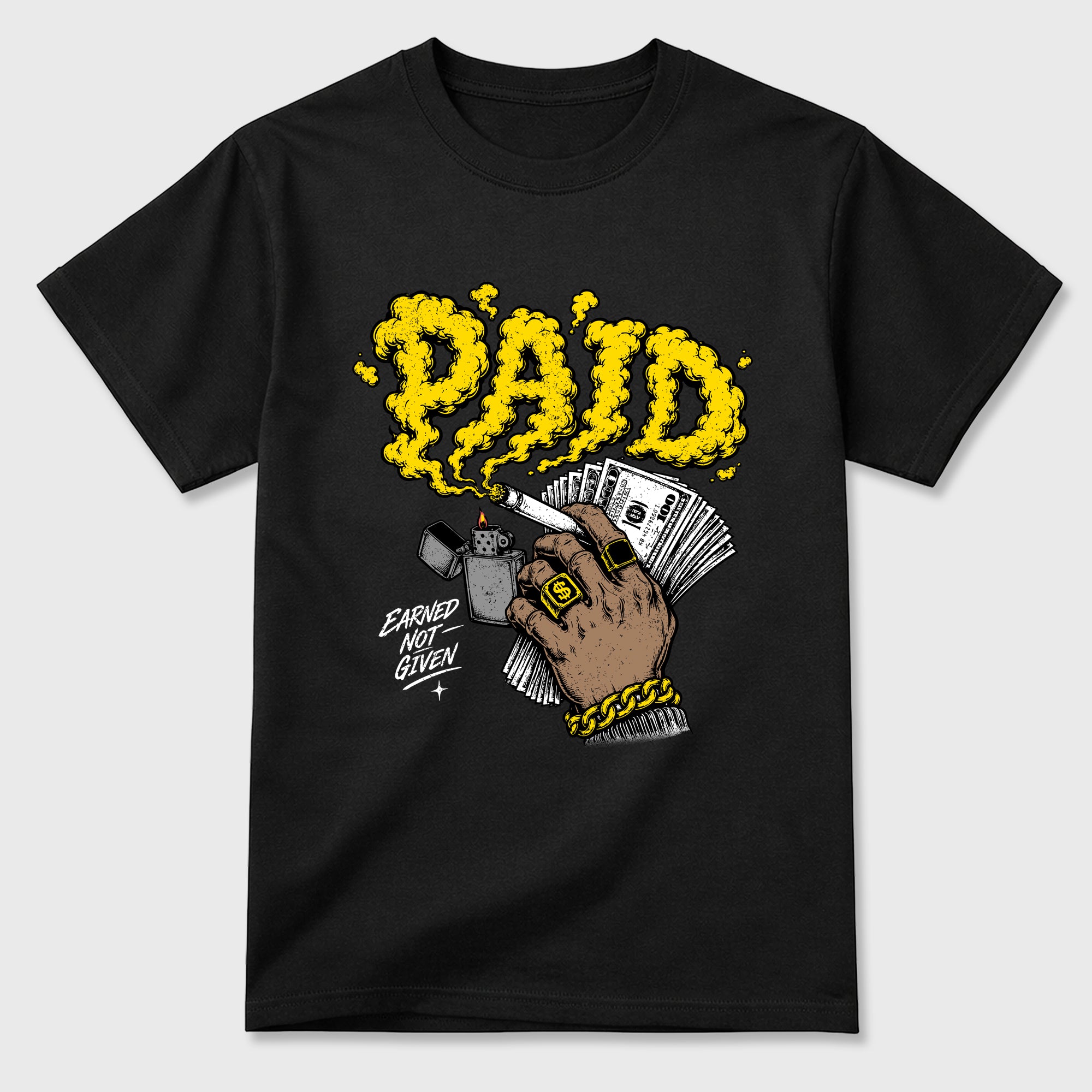 Paid Graphic T-Shirt featuring original streetwear artwork designed to match the Air Jordan 4 Tour Yellow. Black 2 Graphic T-Shirt.