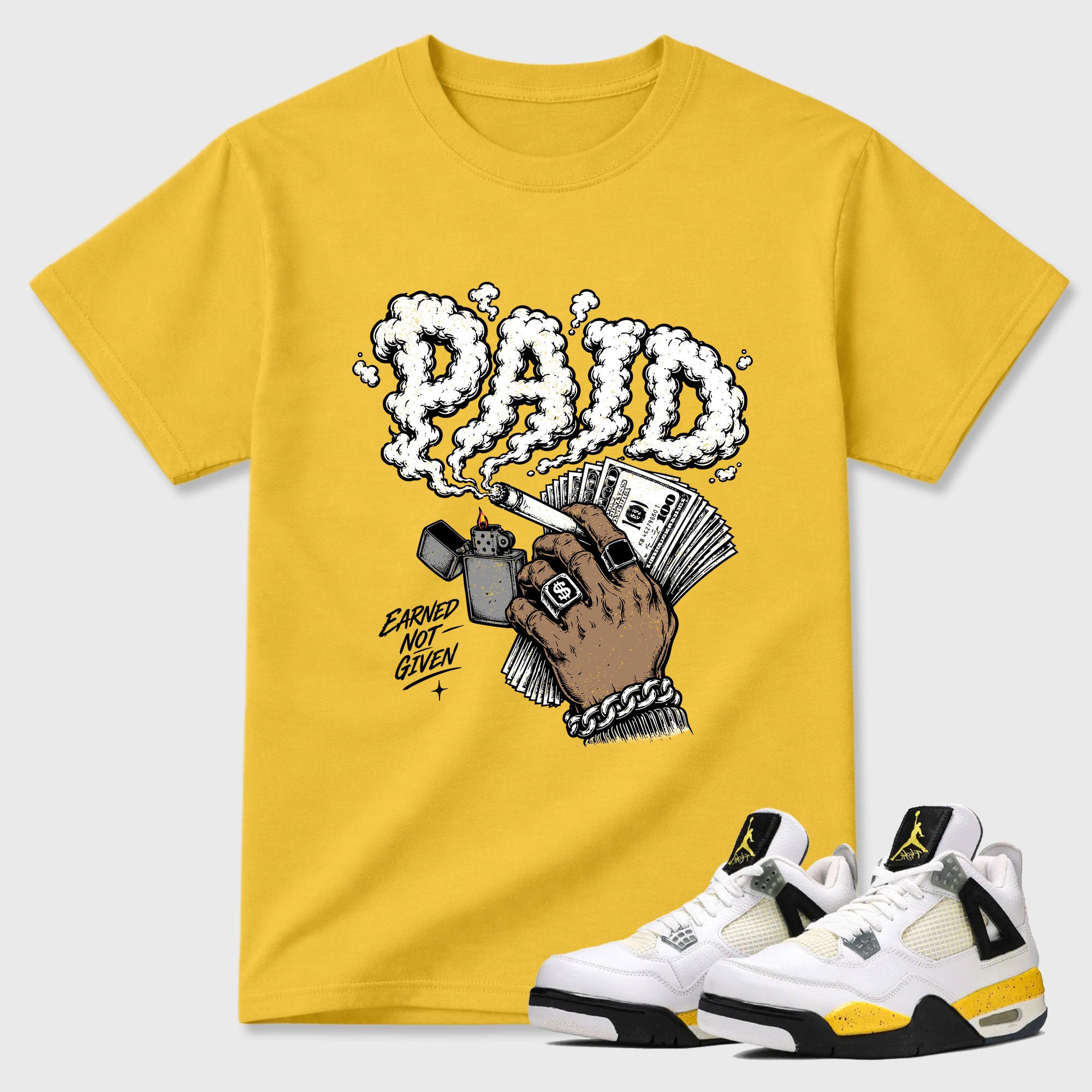 Paid Graphic T-Shirt featuring original streetwear artwork designed to match the Air Jordan 4 Tour Yellow. Daisy 1 Graphic T-Shirt.