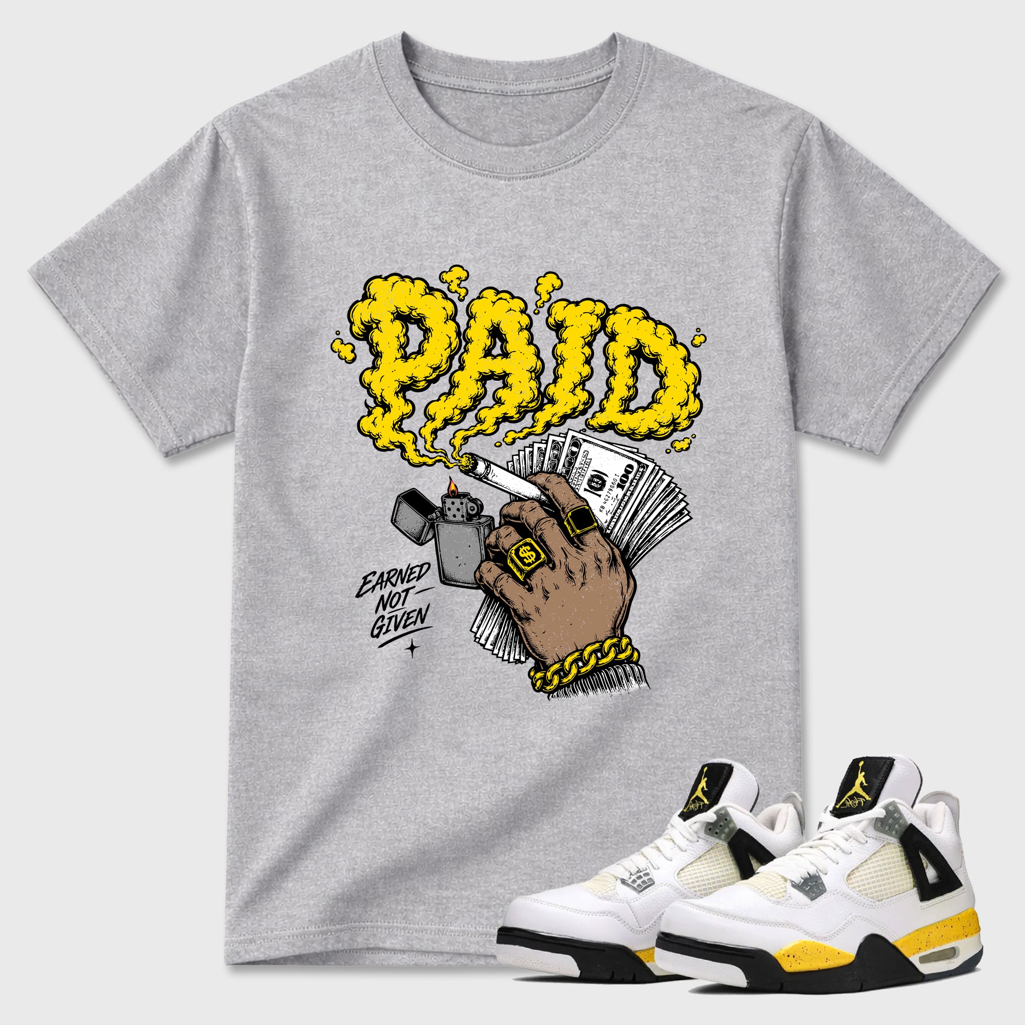Paid Graphic T-Shirt featuring original streetwear artwork designed to match the Air Jordan 4 Tour Yellow. Heather Grey 1 Graphic T-Shirt.