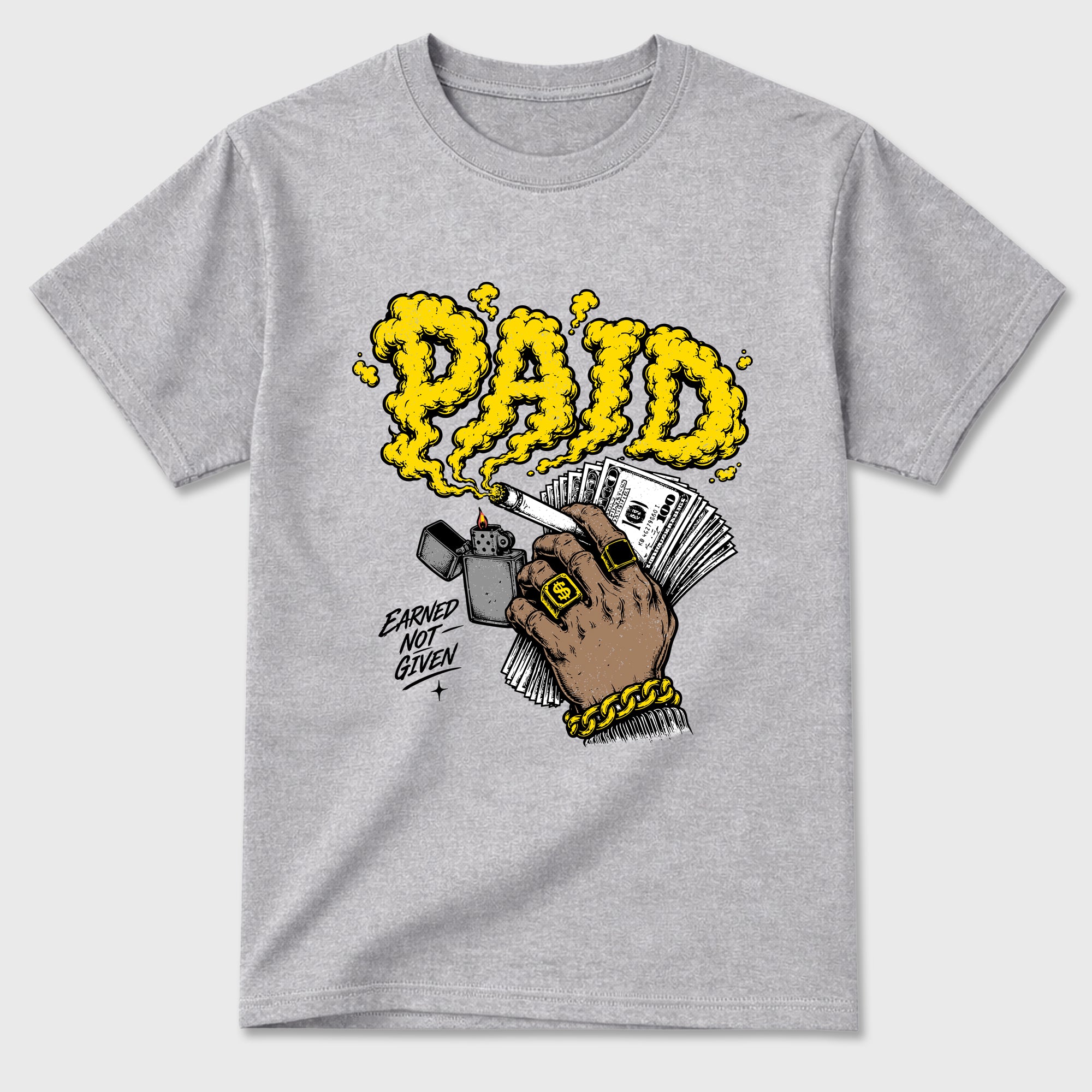 Paid Graphic T-Shirt featuring original streetwear artwork designed to match the Air Jordan 4 Tour Yellow. Heather Grey 2 Graphic T-Shirt.