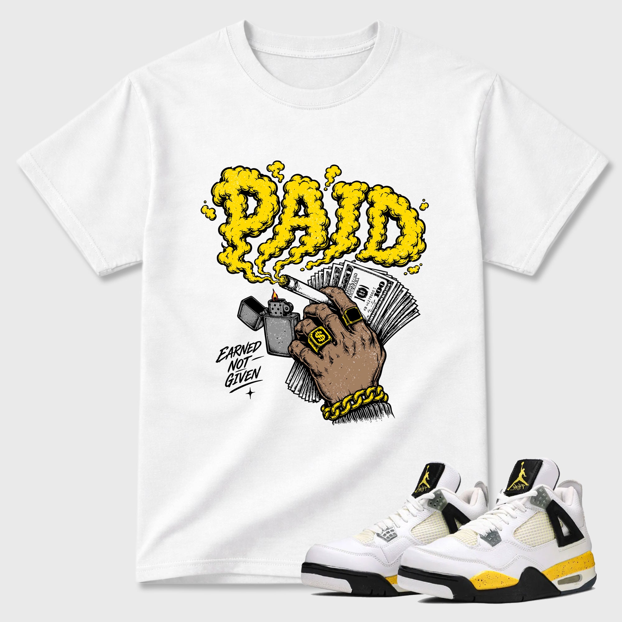 Paid Graphic T-Shirt featuring original streetwear artwork designed to match the Air Jordan 4 Tour Yellow. White 1 Graphic T-Shirt.
