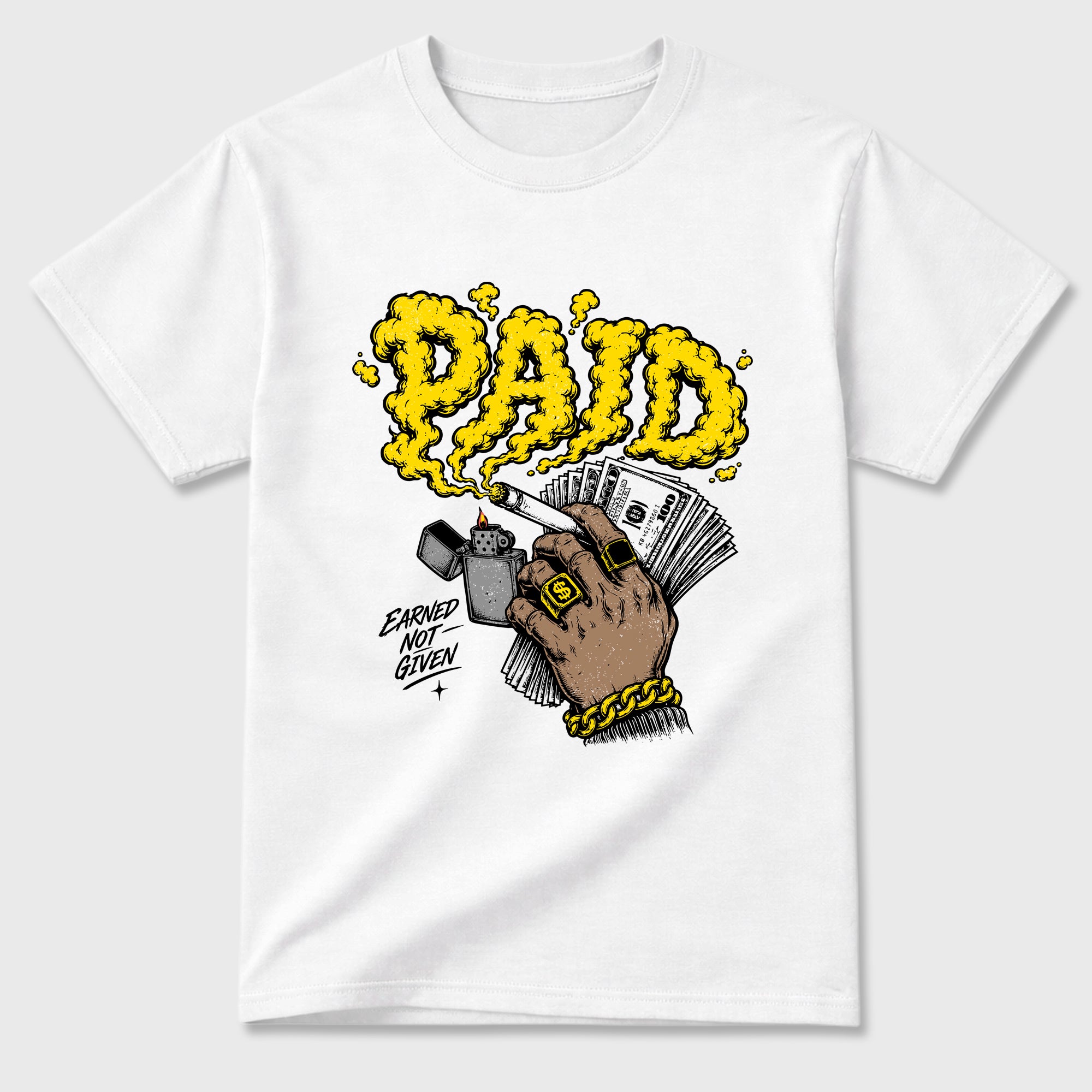 Paid Graphic T-Shirt featuring original streetwear artwork designed to match the Air Jordan 4 Tour Yellow. White 2 Graphic T-Shirt.