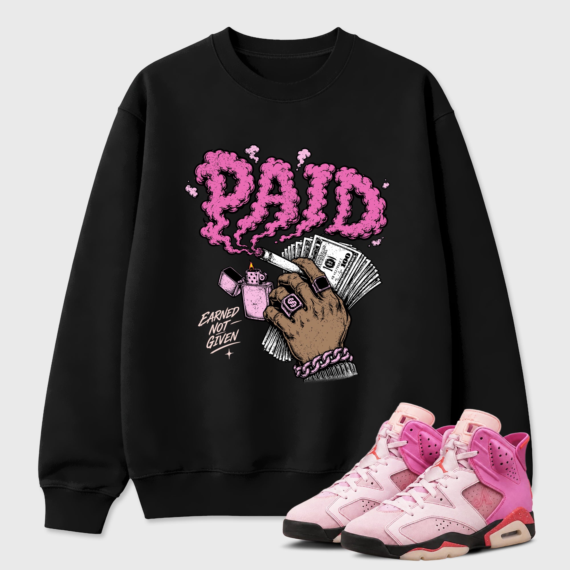 Paid Graphic T-Shirt featuring original streetwear artwork designed to match the Air Jordan 6 Playful Pink. Black 1 Graphic Tee.