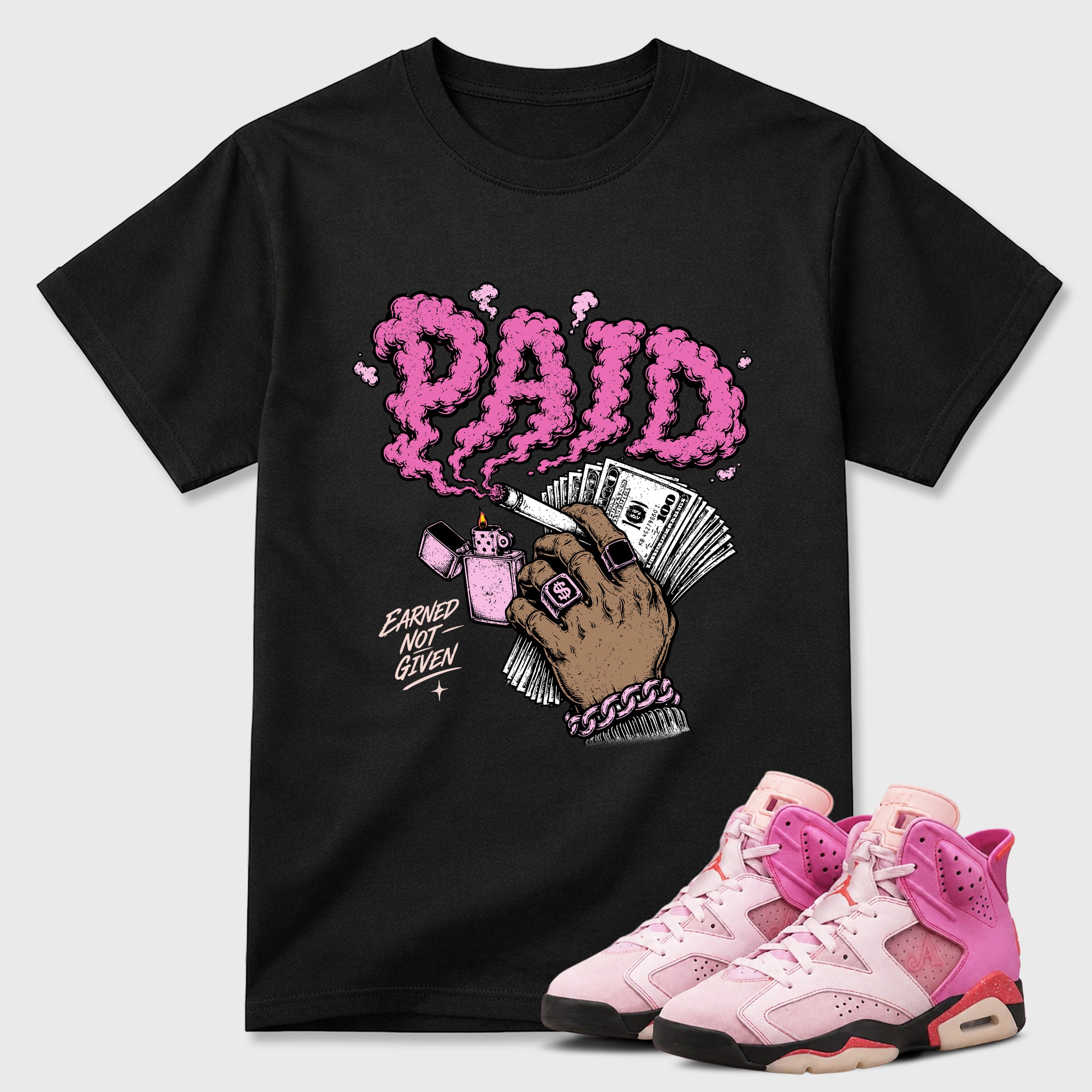 Paid Graphic T-Shirt featuring original streetwear artwork designed to match the Air Jordan 6 Playful Pink. Black 1 Graphic T-Shirt.