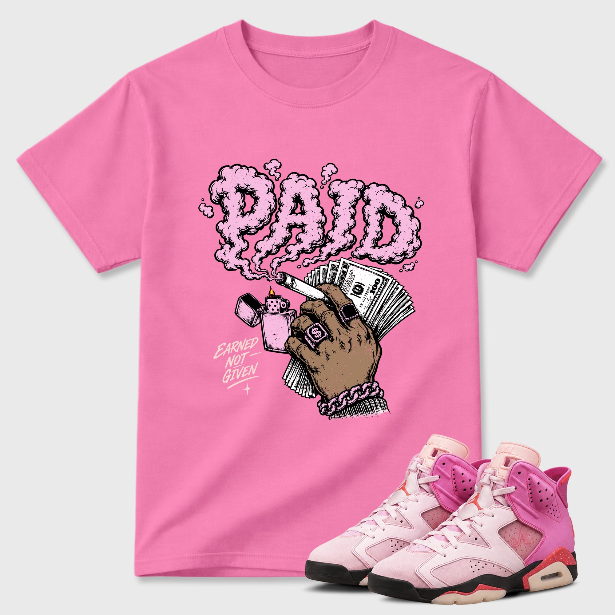 Paid Graphic T-Shirt featuring original streetwear artwork designed to match the Air Jordan 6 Playful Pink. Bubble Gum 1 Graphic T-Shirt.