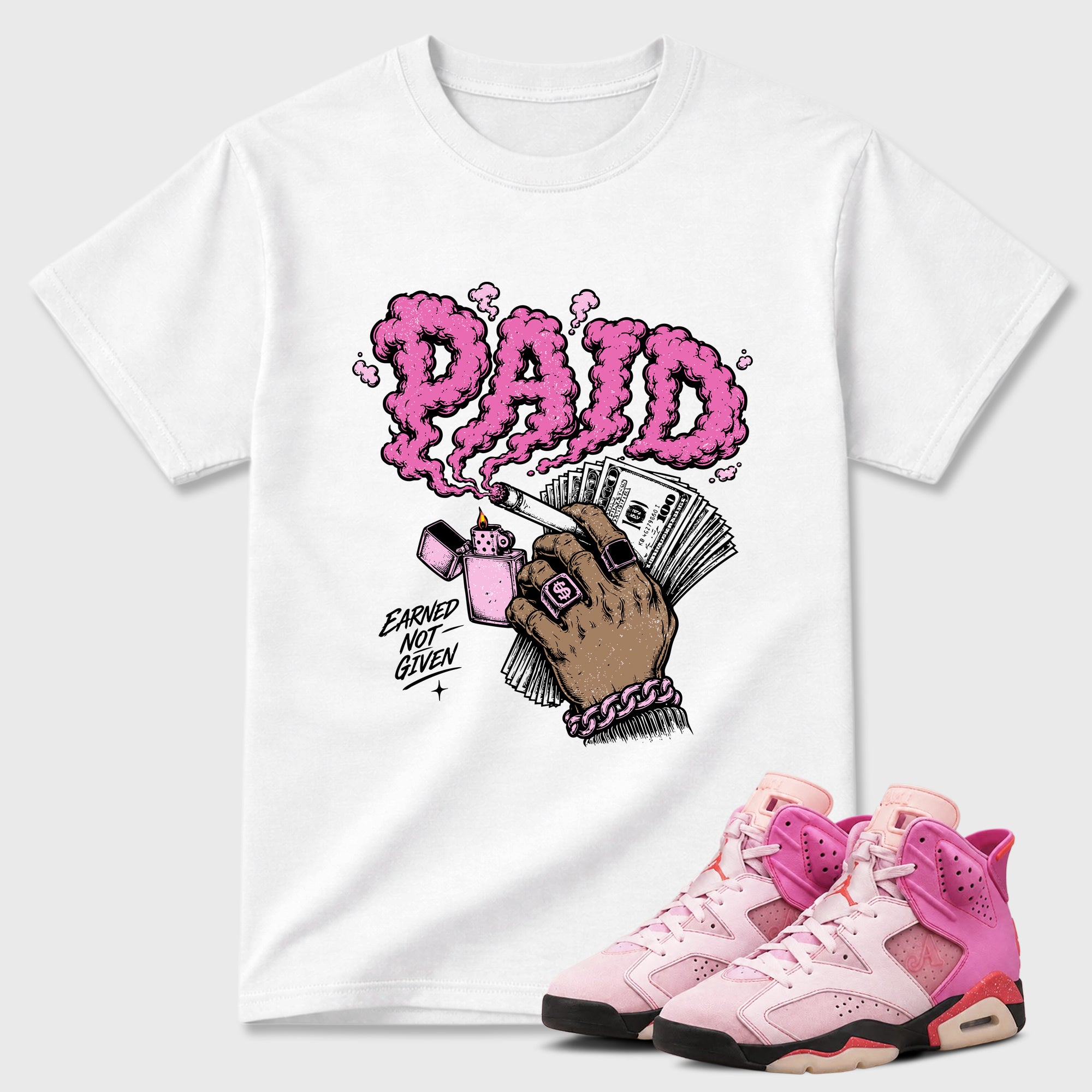 Paid Graphic T-Shirt featuring original streetwear artwork designed to match the Air Jordan 6 Playful Pink. White 1 Graphic T-Shirt.