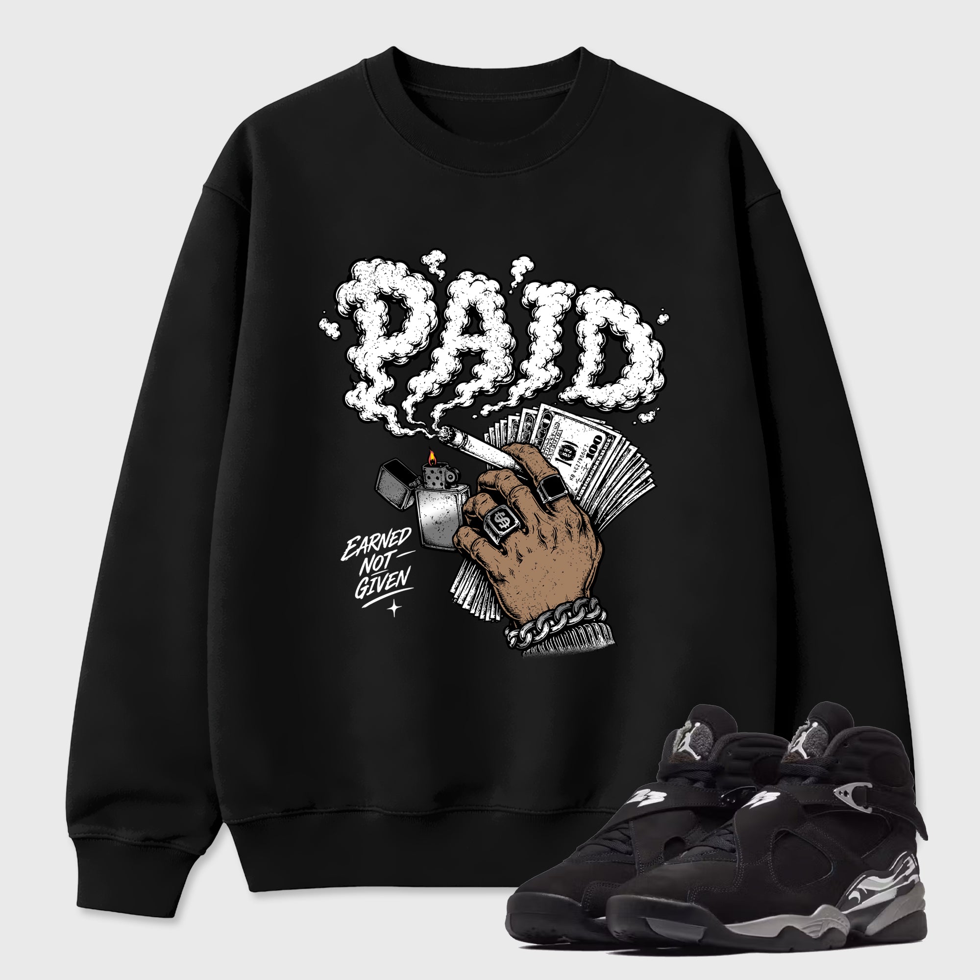 Paid Graphic T-Shirt featuring original streetwear artwork designed to match the Air Jordan 8 Chrome. Black 1 Graphic Tee.