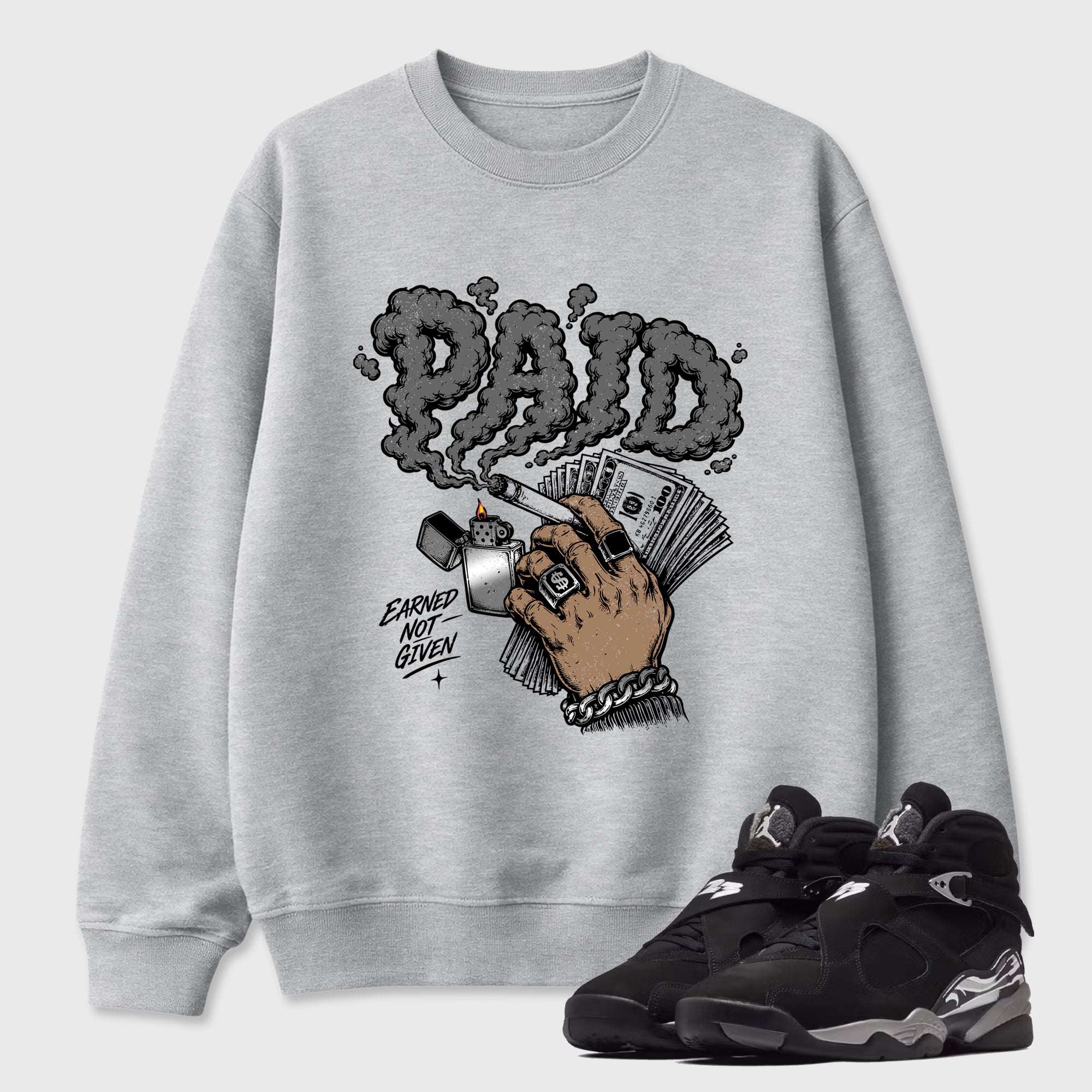 Paid Graphic T-Shirt featuring original streetwear artwork designed to match the Air Jordan 8 Chrome. Heather Grey 1 Graphic Tee.