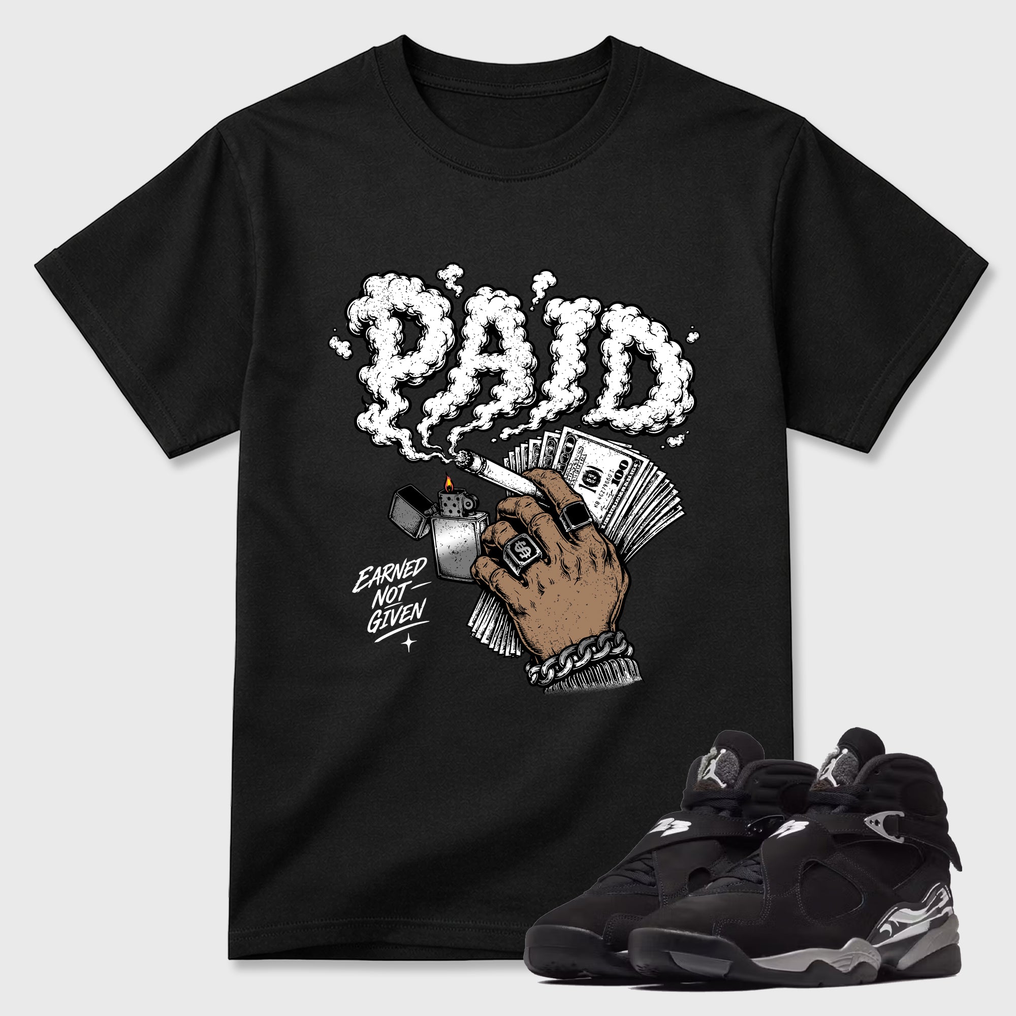 Paid Graphic T-Shirt featuring original streetwear artwork designed to match the Air Jordan 8 Chrome. Black 1 Graphic T-Shirt.