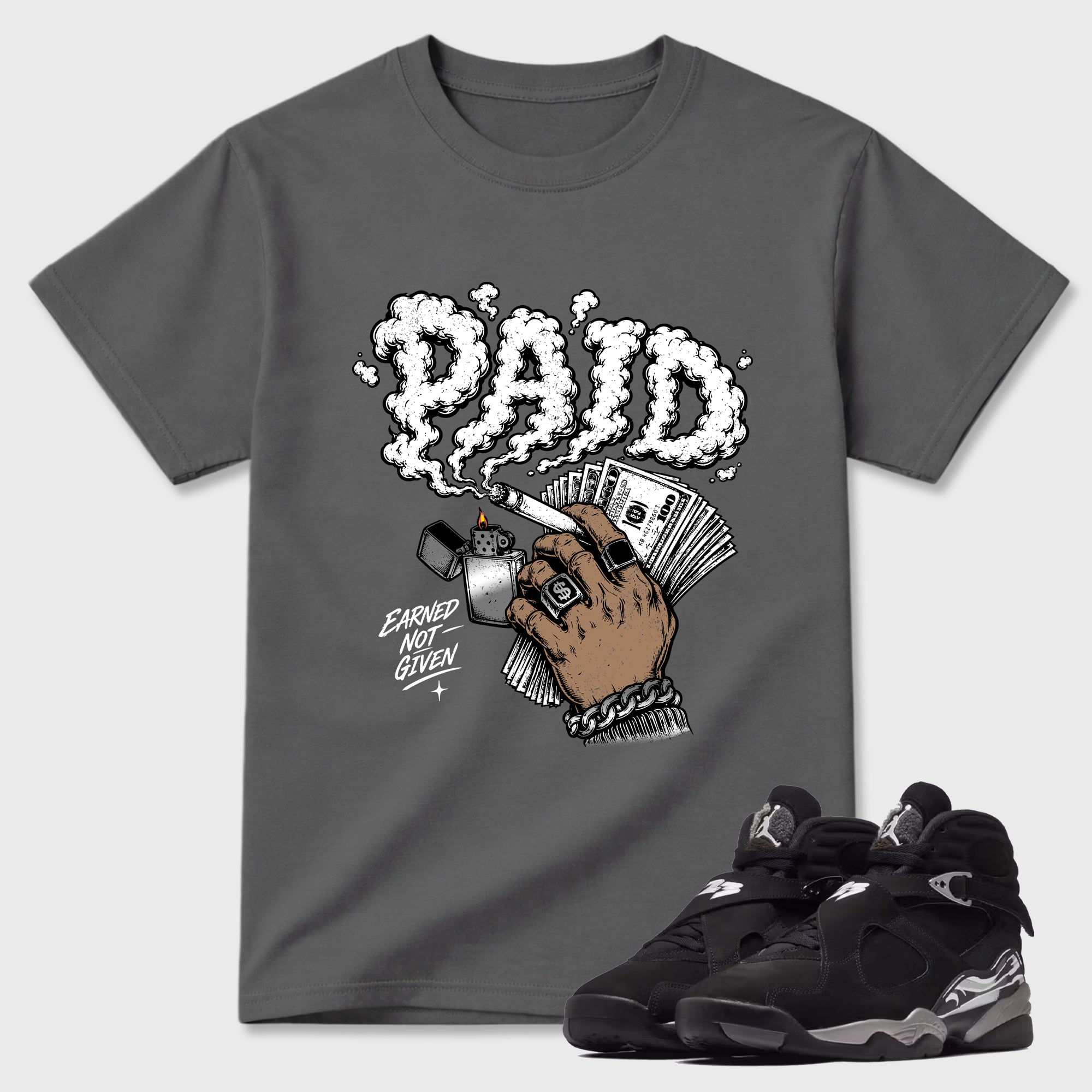 Paid Graphic T-Shirt featuring original streetwear artwork designed to match the Air Jordan 8 Chrome. Cool Grey 1 Graphic T-Shirt.