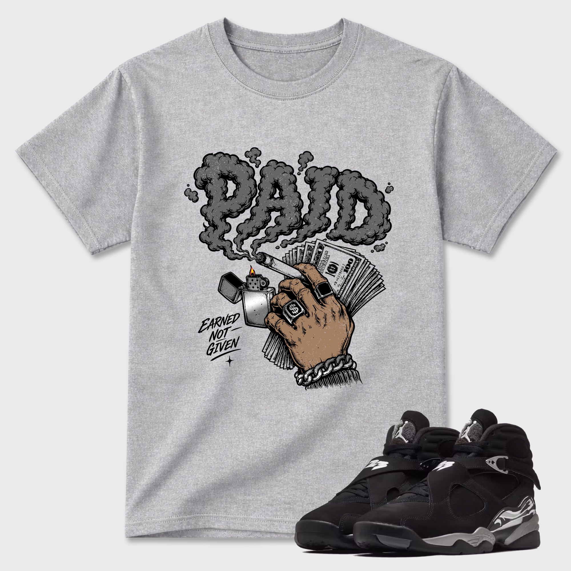 Paid Graphic T-Shirt featuring original streetwear artwork designed to match the Air Jordan 8 Chrome. Heather Grey 1 Graphic T-Shirt.