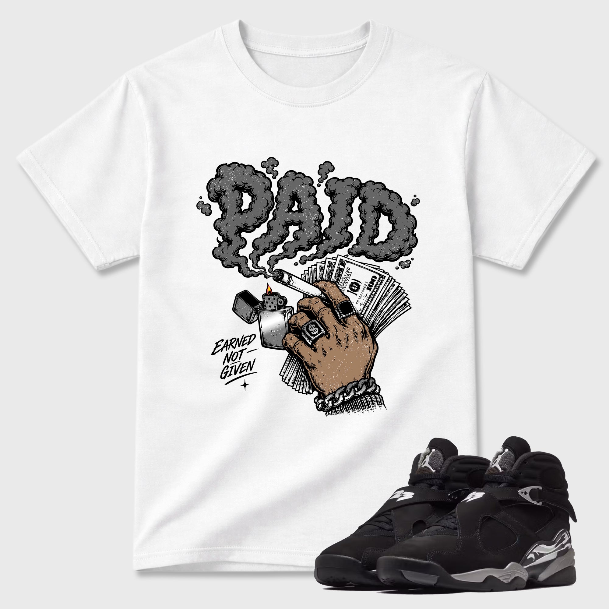 Paid Graphic T-Shirt featuring original streetwear artwork designed to match the Air Jordan 8 Chrome. White 1 Graphic T-Shirt.