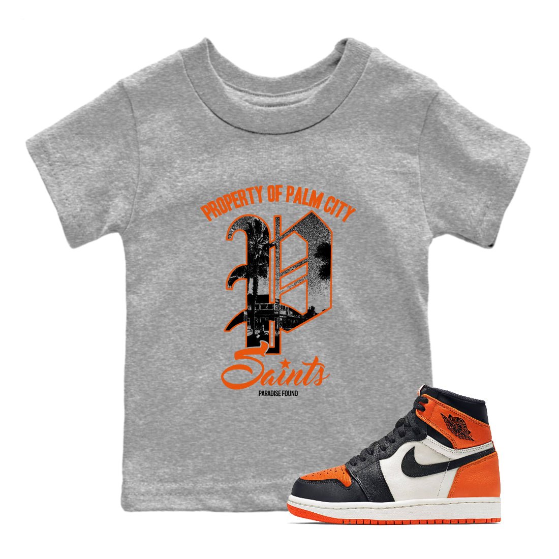 Sneaker match tees – Sneaker Tees To Match Jordan 1 Retro Shattered Backboard Shoes – Paradise Found Kids T-Shirt Heather Grey 1