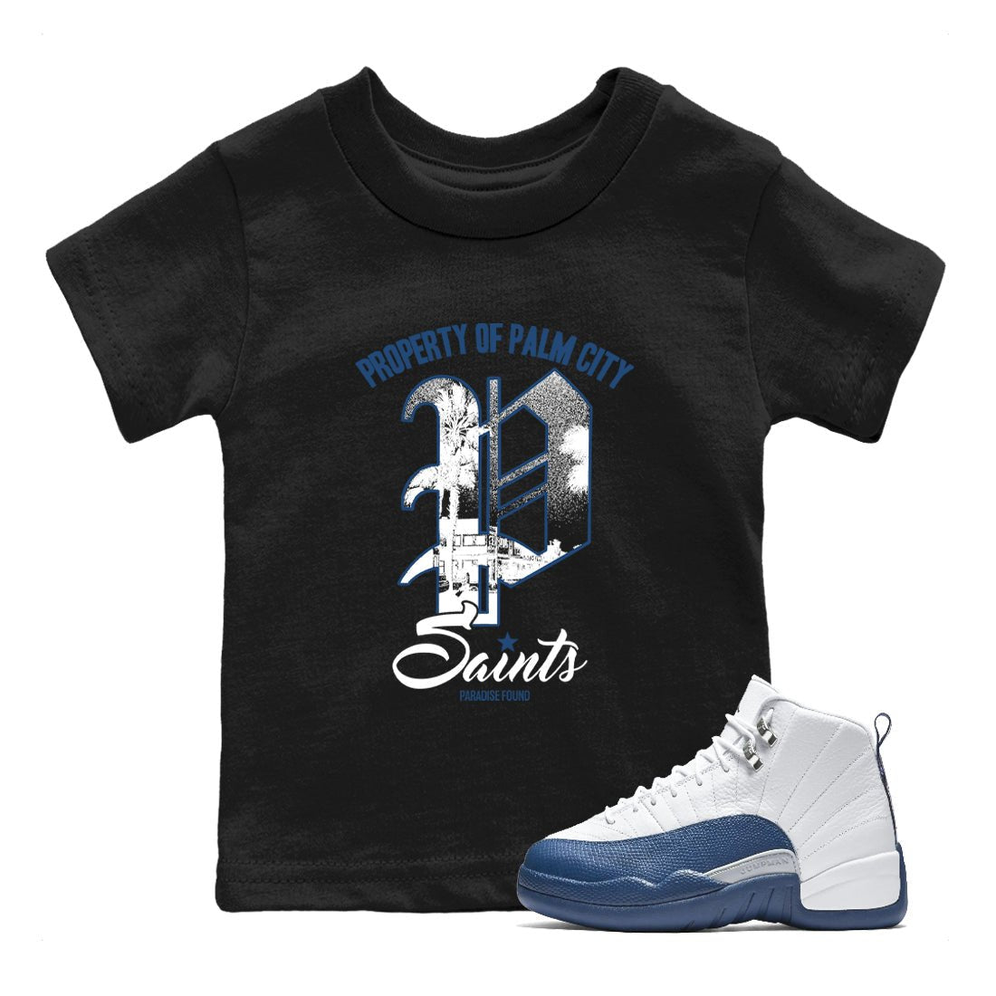Sneaker match tees – Sneaker Tees To Match Air Jordan 12 French Blue Shoes – Paradise Found Kids T-Shirt Black 1