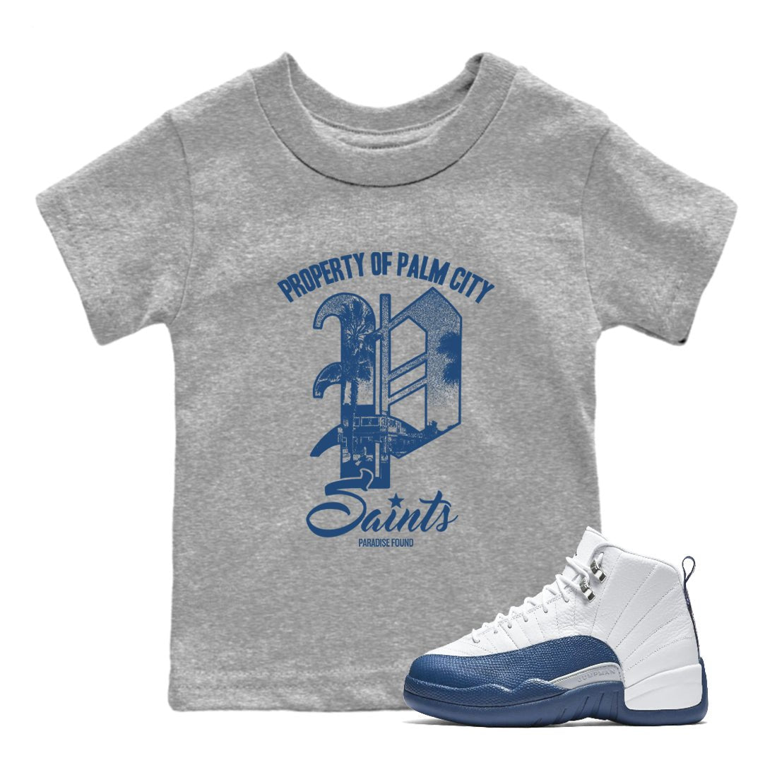 Sneaker match tees – Sneaker Tees To Match Air Jordan 12 French Blue Shoes – Paradise Found Kids T-Shirt Heather Grey 1