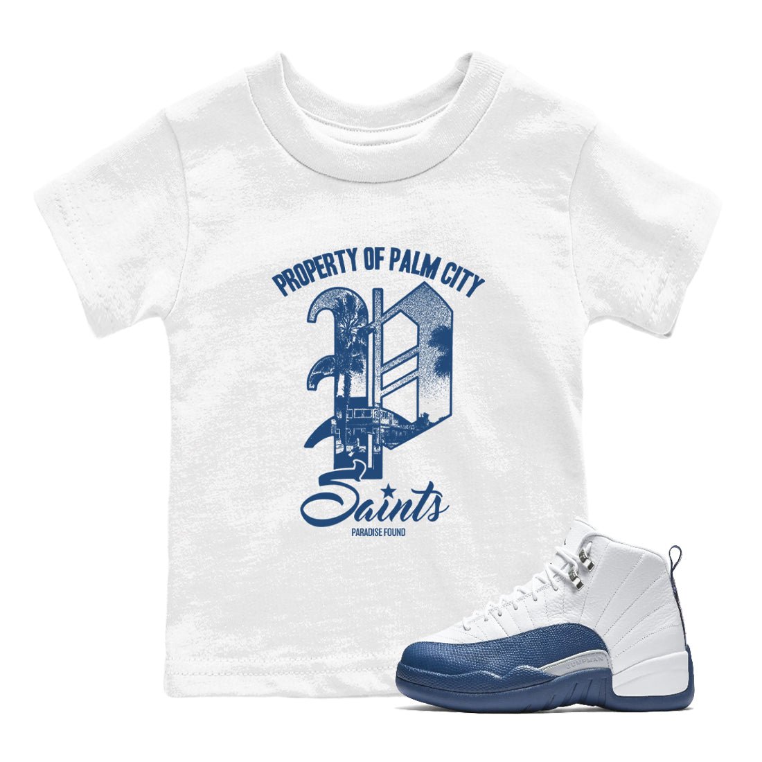 Sneaker match tees – Sneaker Tees To Match Air Jordan 12 French Blue Shoes – Paradise Found Kids T-Shirt White 1