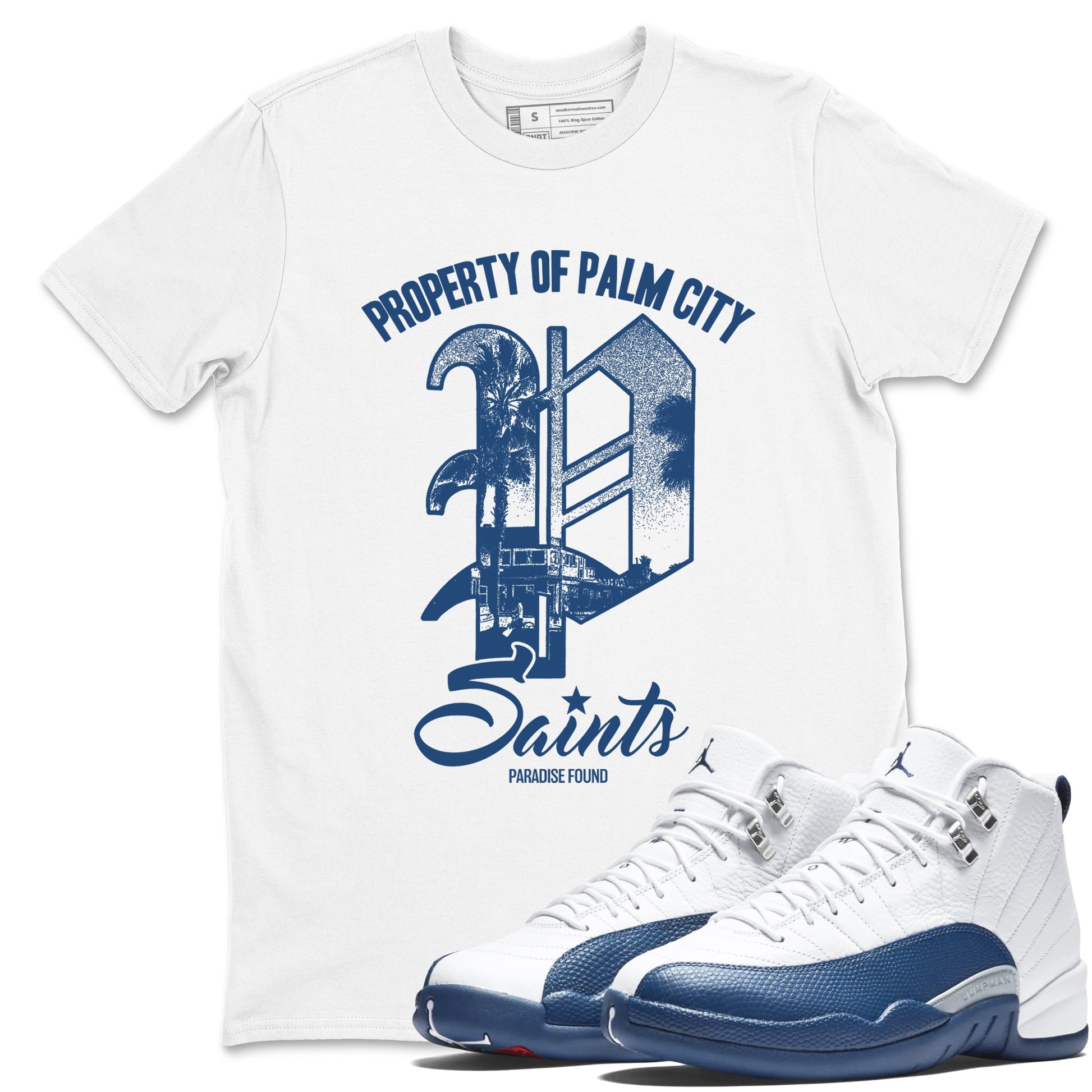 Sneaker match tees – Sneaker Tees To Match Air Jordan 12 French Blue Shoes – Paradise Found Tee White 1