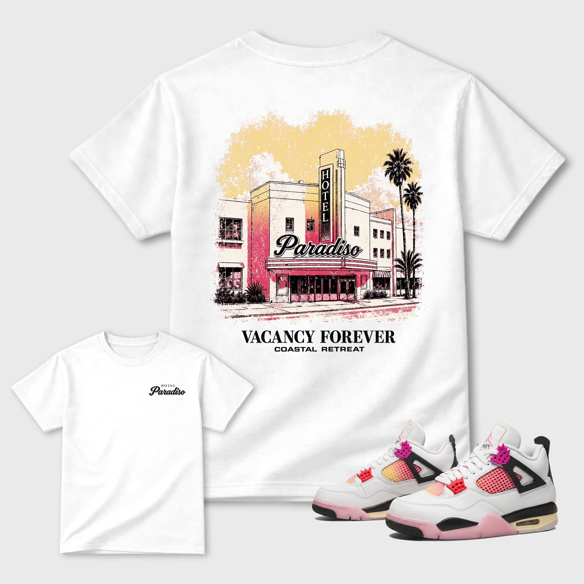 Paradiso Hotel Graphic T-Shirt featuring original streetwear artwork designed to match the Air Jordan 4 Comic. White Graphic T-Shirt.