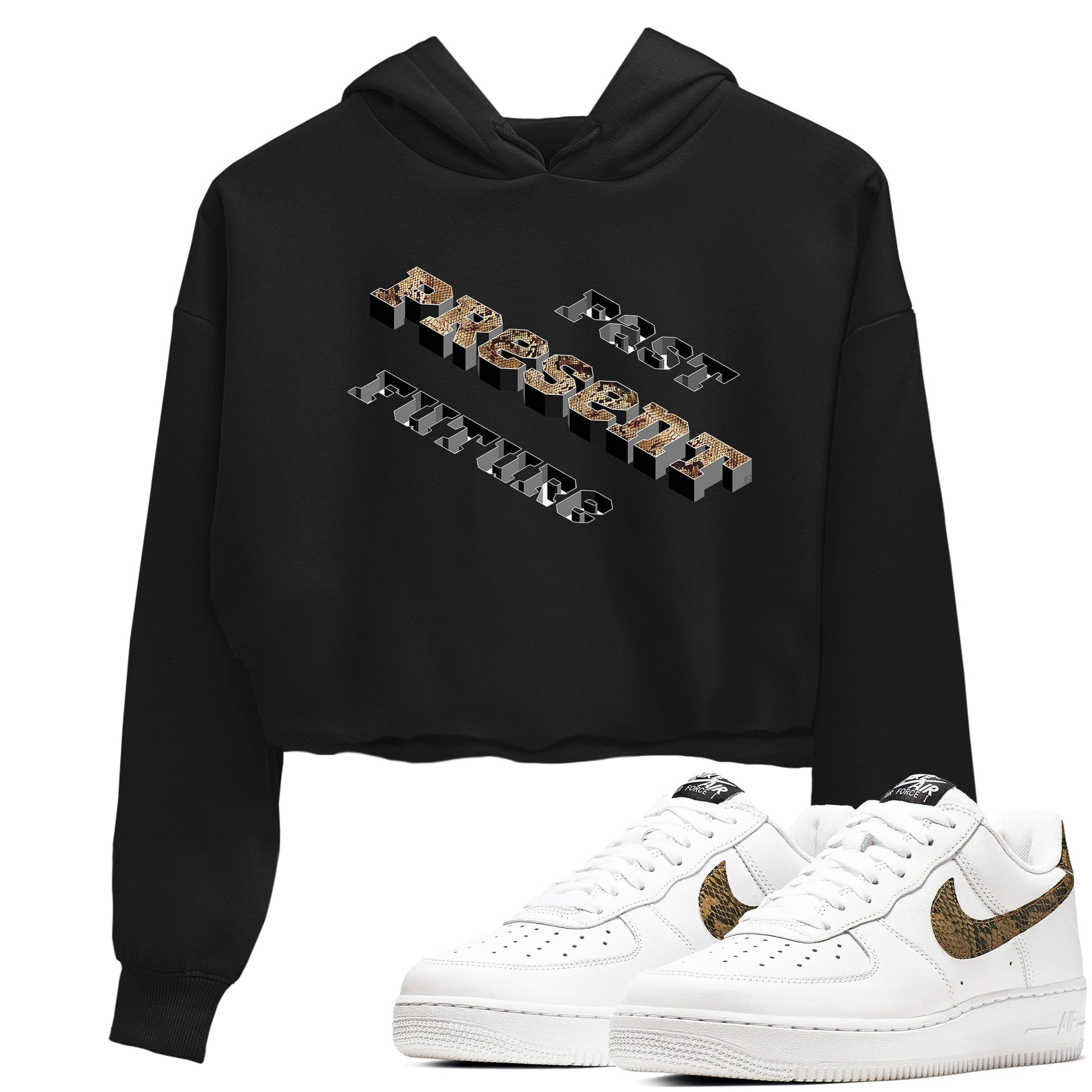 AF1 Ivory Snake shirt to match jordans Past Present Future sneaker tees Air Force 1 Ivory Snake SNRT Sneaker Release Tees Black 1 crop length shirt