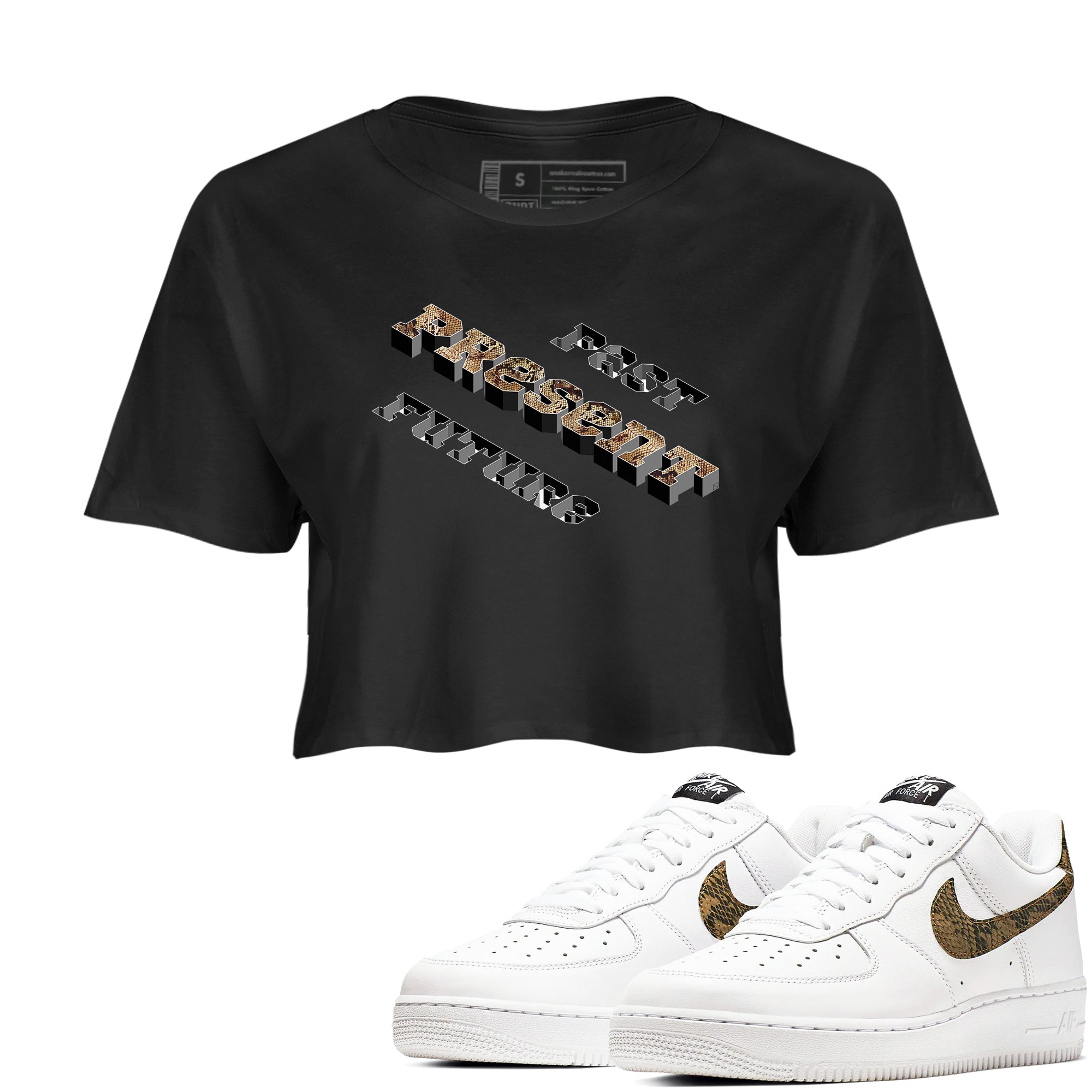 AF1 Ivory Snake shirt to match jordans Past Present Future sneaker tees Air Force 1 Ivory Snake SNRT Sneaker Release Tees Black 1 crop length shirt