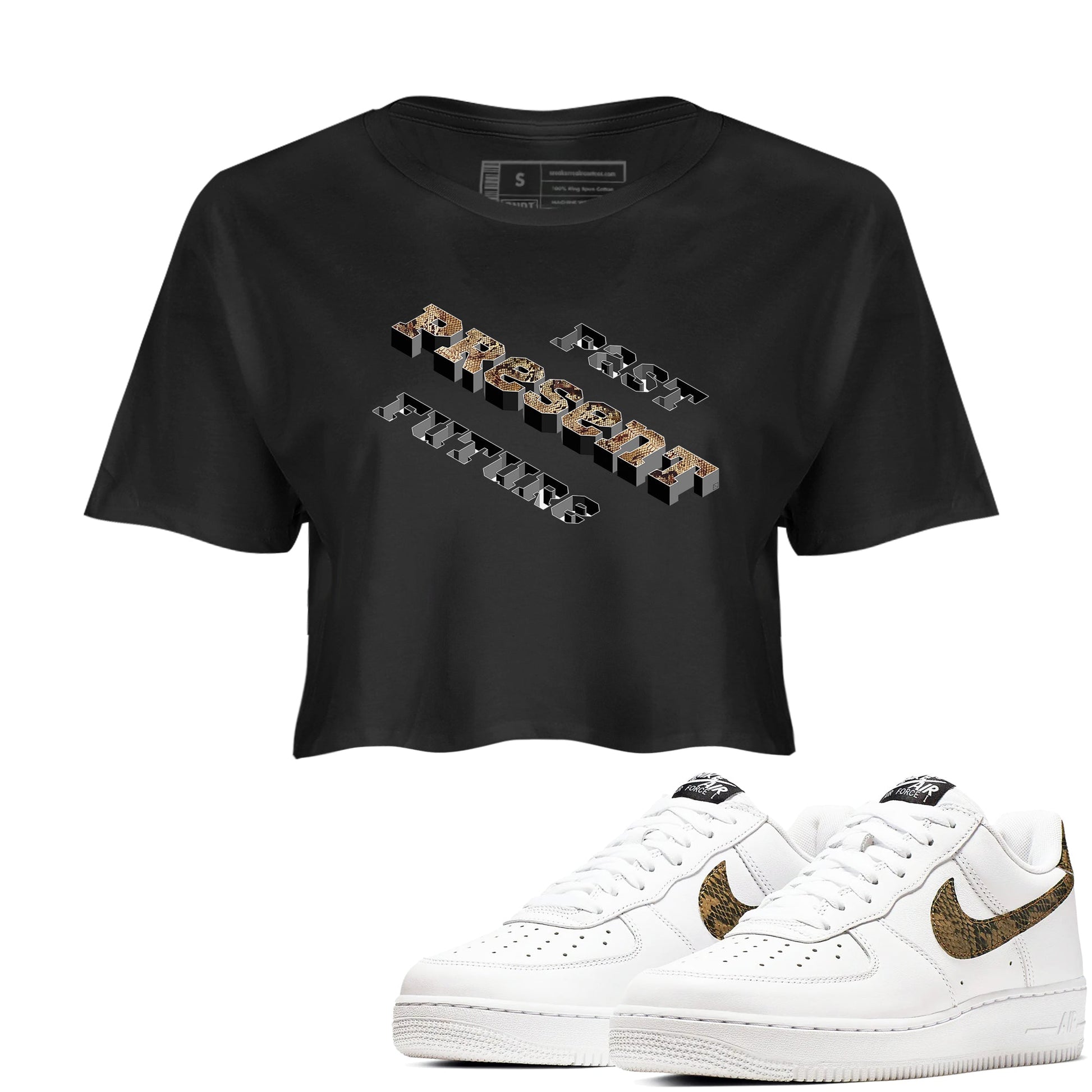 AF1 Ivory Snake shirt to match jordans Past Present Future sneaker tees Air Force 1 Ivory Snake SNRT Sneaker Release Tees Black 1 crop length shirt