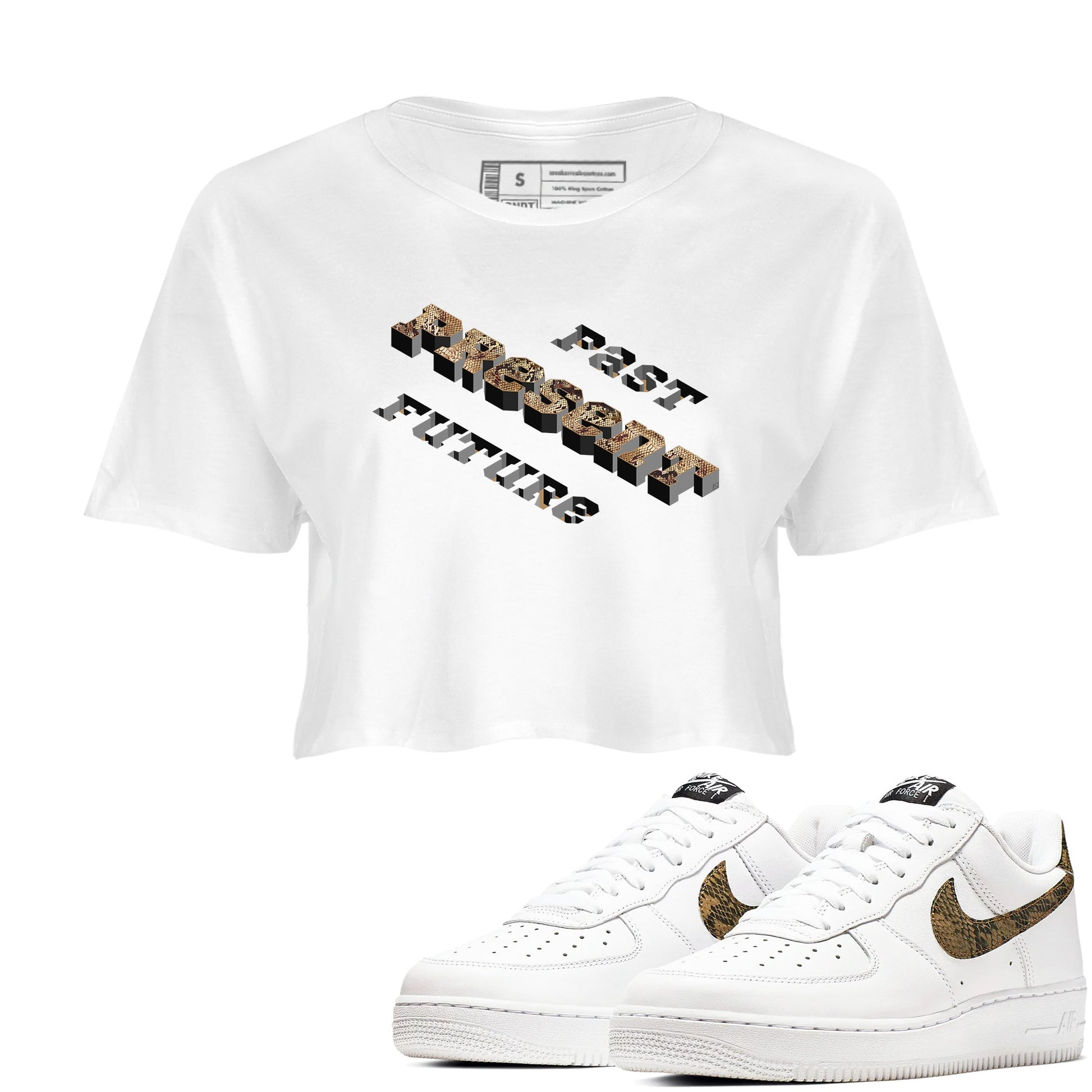 AF1 Ivory Snake shirt to match jordans Past Present Future sneaker tees Air Force 1 Ivory Snake SNRT Sneaker Release Tees White 1 crop length shirt