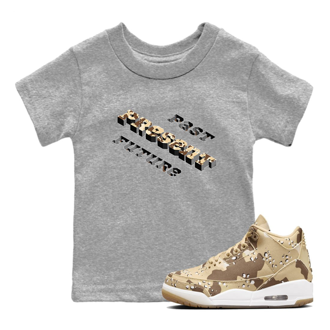 3s Desert Camo shirts to match jordans Past Present Future sneaker match tees Air Jordan 3 Desert Camo SNRT Sneaker Tees streetwear brand Baby and Youth Heather Grey 1 cotton tee