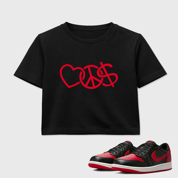 Sneaker match tees – Sneaker Tees To Match Air Jordan 1 Banned Shoes – Peace Currency Crop T-Shirt Black 1