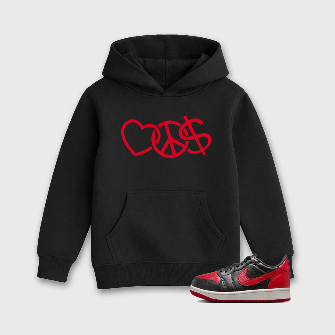 Sneaker match tees – Sneaker Tees To Match Air Jordan 1 Banned Shoes – Peace Currency Kids T-Shirt Black 1