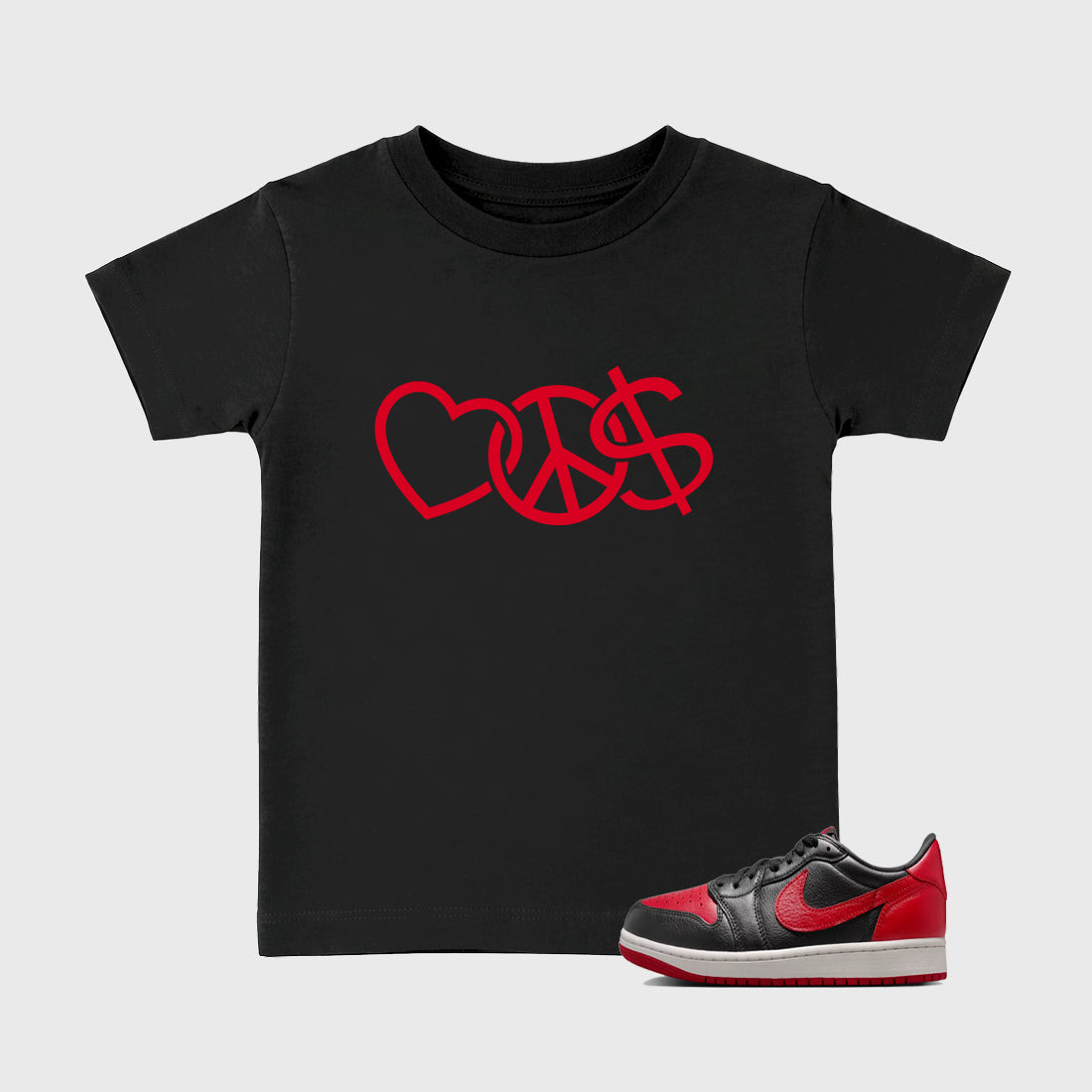 Sneaker match tees – Sneaker Tees To Match Air Jordan 1 Banned Shoes – Peace Currency Kids T-Shirt Black 1