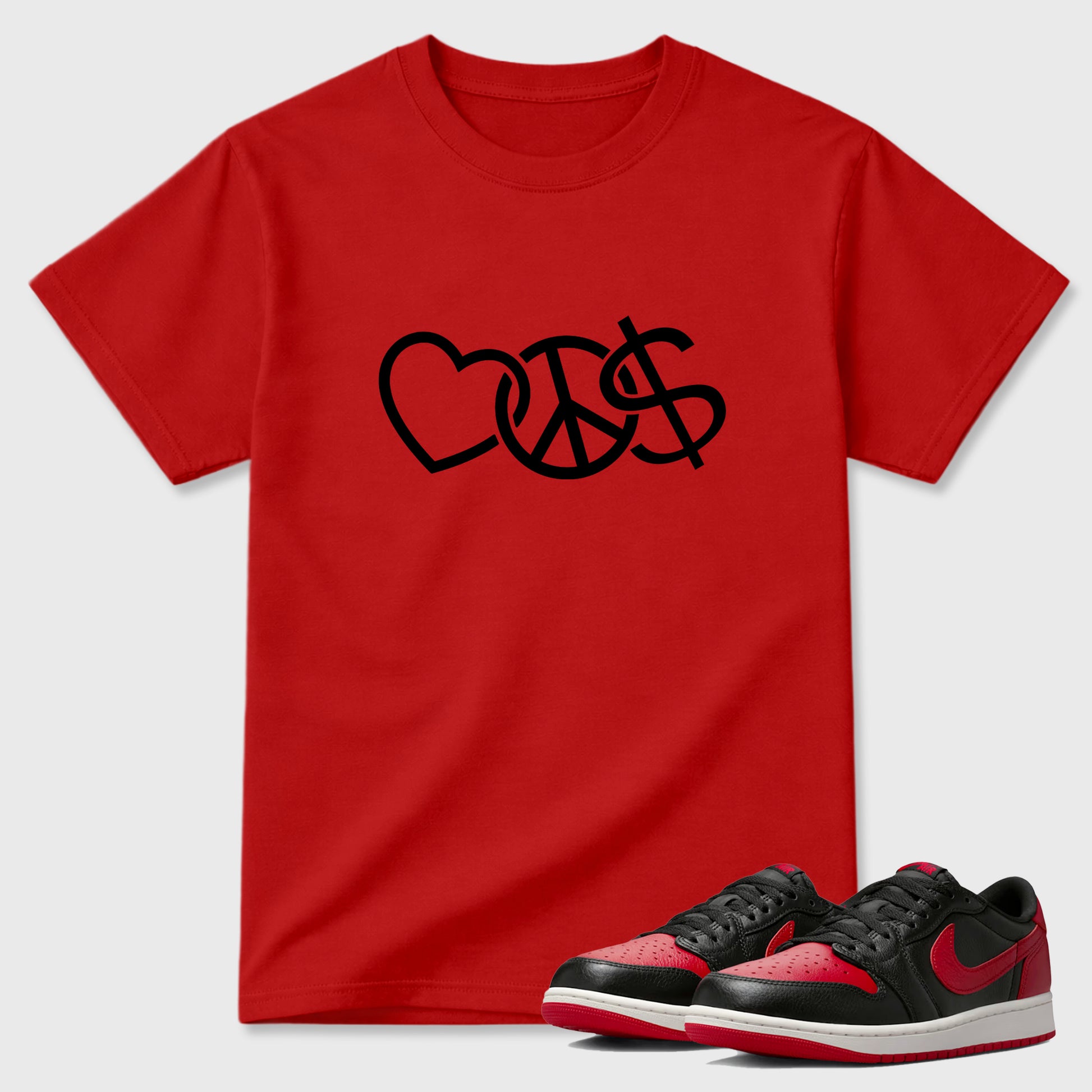 Sneaker match tees – Sneaker Tees To Match Air Jordan 1 Banned Shoes – Peace Currency Tee Red 1