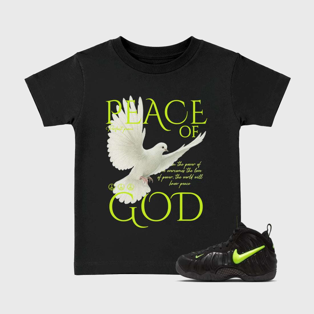 Sneaker match tees – Sneaker Tees To Match Air Foamposite Pro Black Shoes – Peace of God Kids T-Shirt Black 1