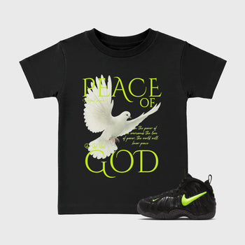 Sneaker match tees – Sneaker Tees To Match Air Foamposite Pro Black Shoes – Peace of God Kids T-Shirt Black 1